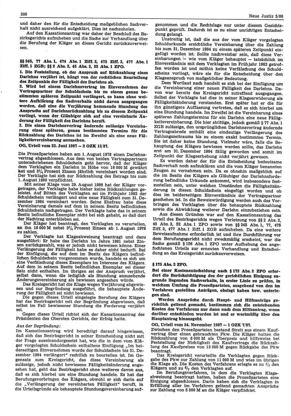 Neue Justiz (NJ), Zeitschrift für sozialistisches Recht und Gesetzlichkeit [Deutsche Demokratische Republik (DDR)], 42. Jahrgang 1988, Seite 208 (NJ DDR 1988, S. 208)