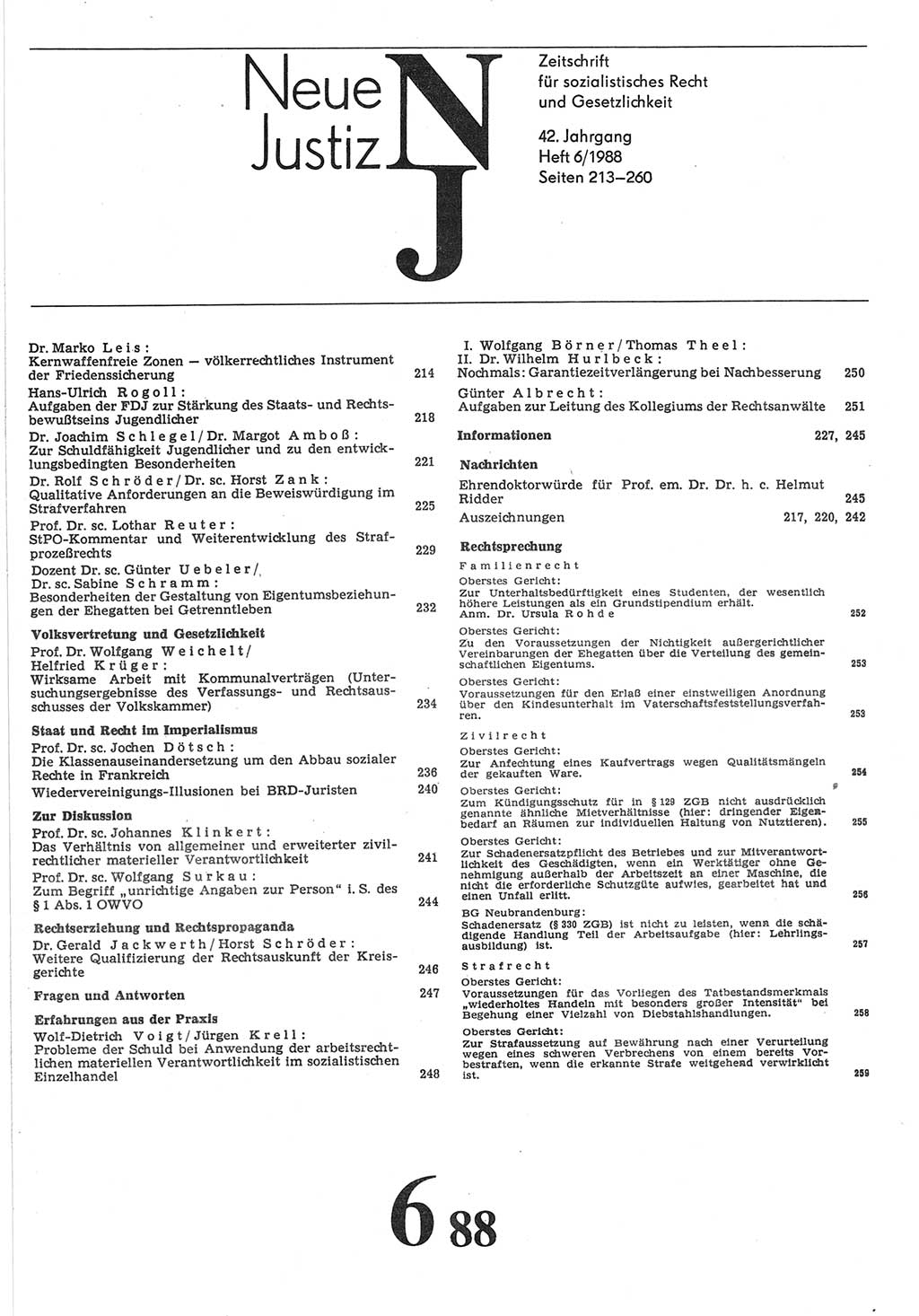 Neue Justiz (NJ), Zeitschrift für sozialistisches Recht und Gesetzlichkeit [Deutsche Demokratische Republik (DDR)], 42. Jahrgang 1988, Seite 213 (NJ DDR 1988, S. 213)