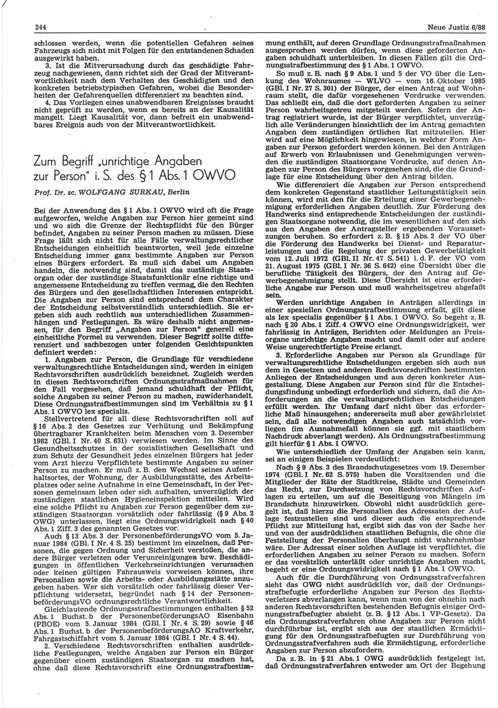 Neue Justiz (NJ), Zeitschrift für sozialistisches Recht und Gesetzlichkeit [Deutsche Demokratische Republik (DDR)], 42. Jahrgang 1988, Seite 244 (NJ DDR 1988, S. 244)