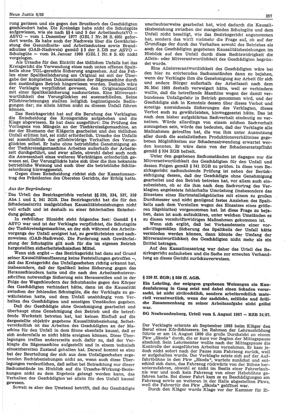 Neue Justiz (NJ), Zeitschrift für sozialistisches Recht und Gesetzlichkeit [Deutsche Demokratische Republik (DDR)], 42. Jahrgang 1988, Seite 257 (NJ DDR 1988, S. 257)