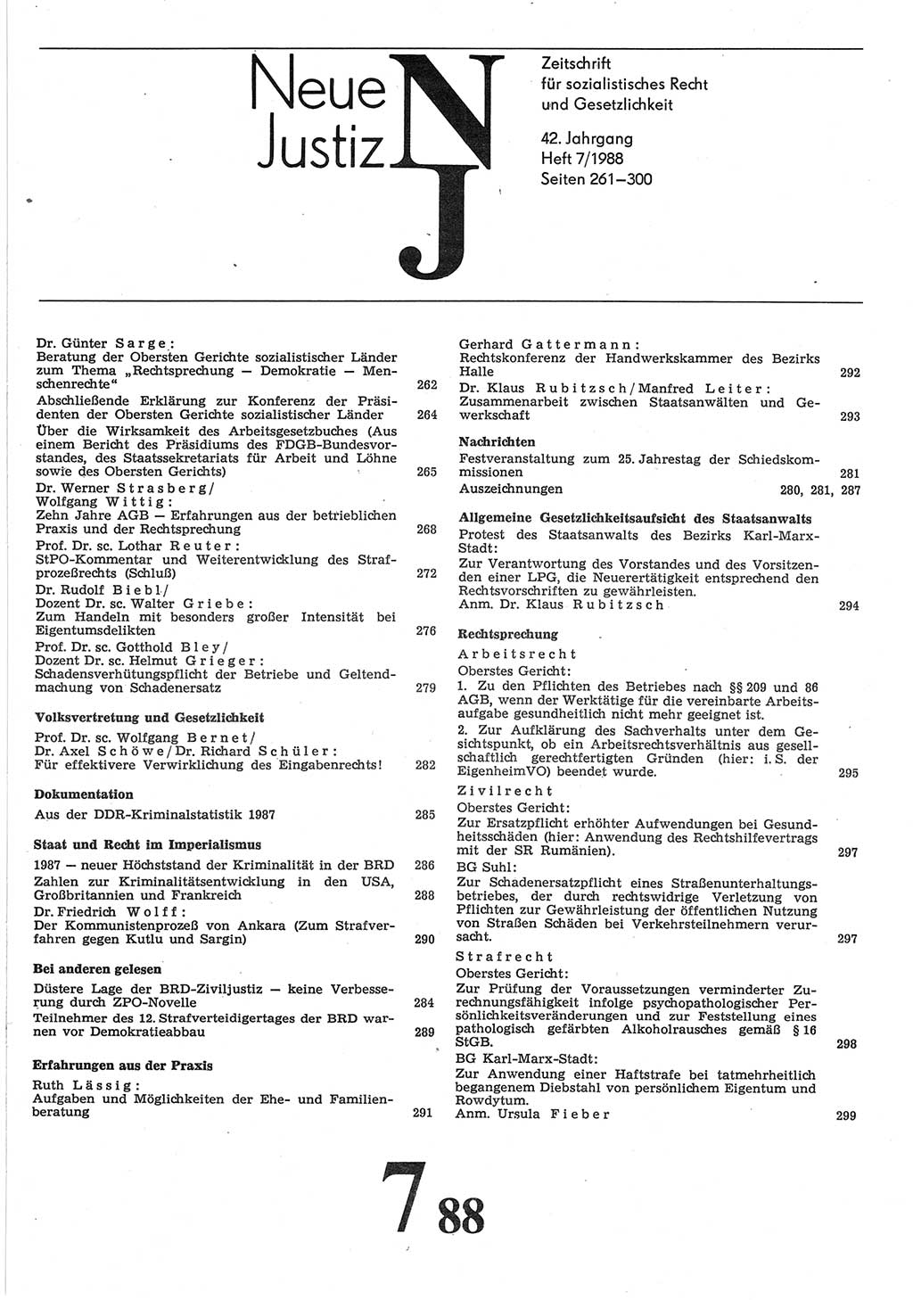 Neue Justiz (NJ), Zeitschrift für sozialistisches Recht und Gesetzlichkeit [Deutsche Demokratische Republik (DDR)], 42. Jahrgang 1988, Seite 261 (NJ DDR 1988, S. 261)