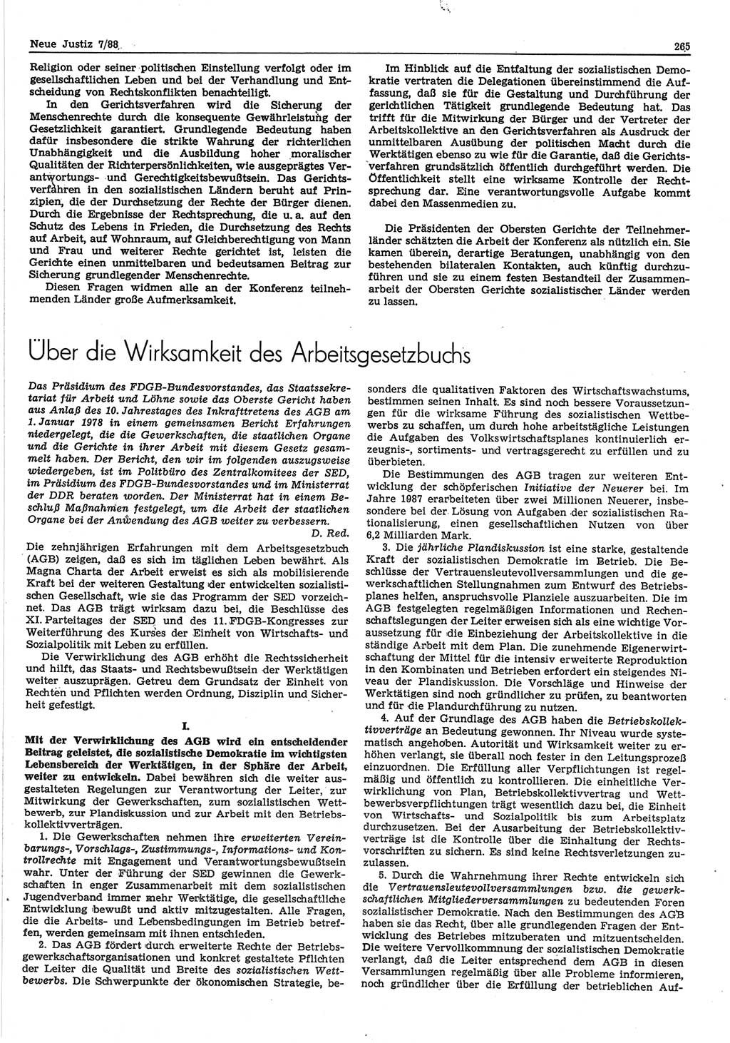 Neue Justiz (NJ), Zeitschrift für sozialistisches Recht und Gesetzlichkeit [Deutsche Demokratische Republik (DDR)], 42. Jahrgang 1988, Seite 265 (NJ DDR 1988, S. 265)