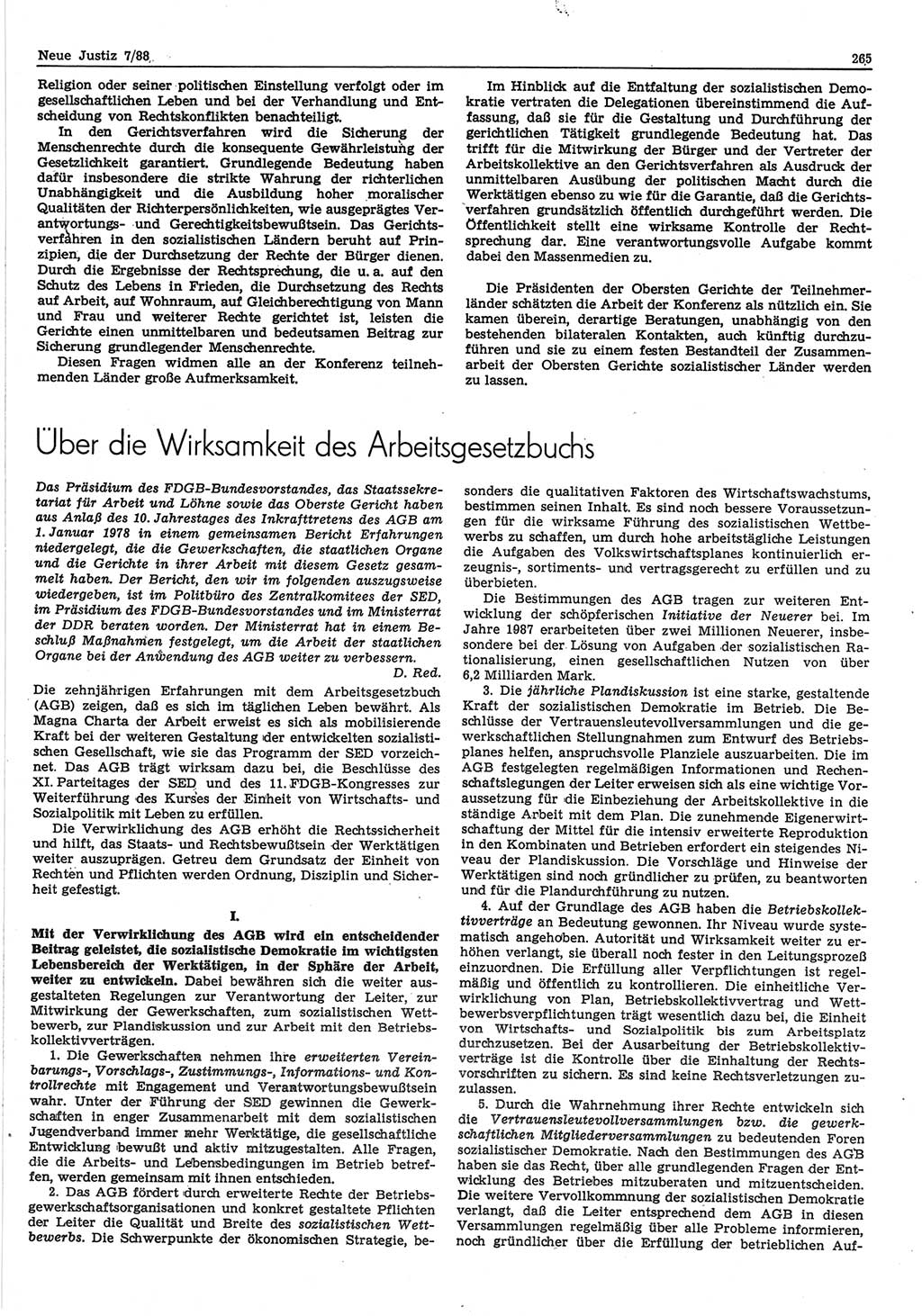 Neue Justiz (NJ), Zeitschrift für sozialistisches Recht und Gesetzlichkeit [Deutsche Demokratische Republik (DDR)], 42. Jahrgang 1988, Seite 265 (NJ DDR 1988, S. 265)