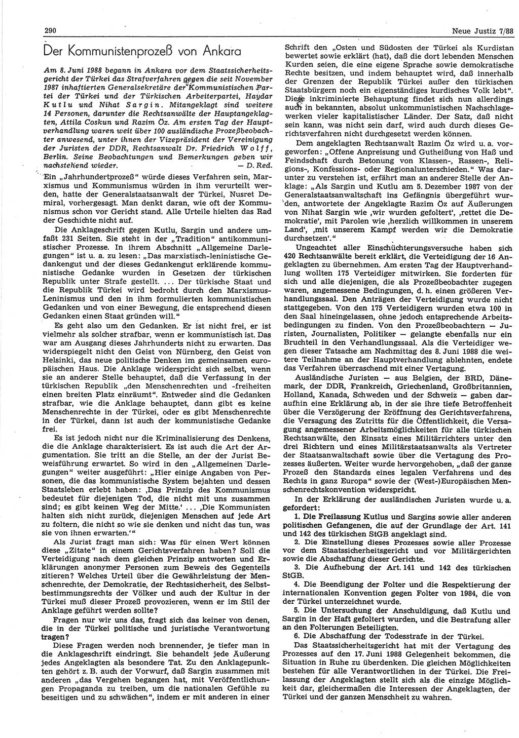 Neue Justiz (NJ), Zeitschrift für sozialistisches Recht und Gesetzlichkeit [Deutsche Demokratische Republik (DDR)], 42. Jahrgang 1988, Seite 290 (NJ DDR 1988, S. 290)
