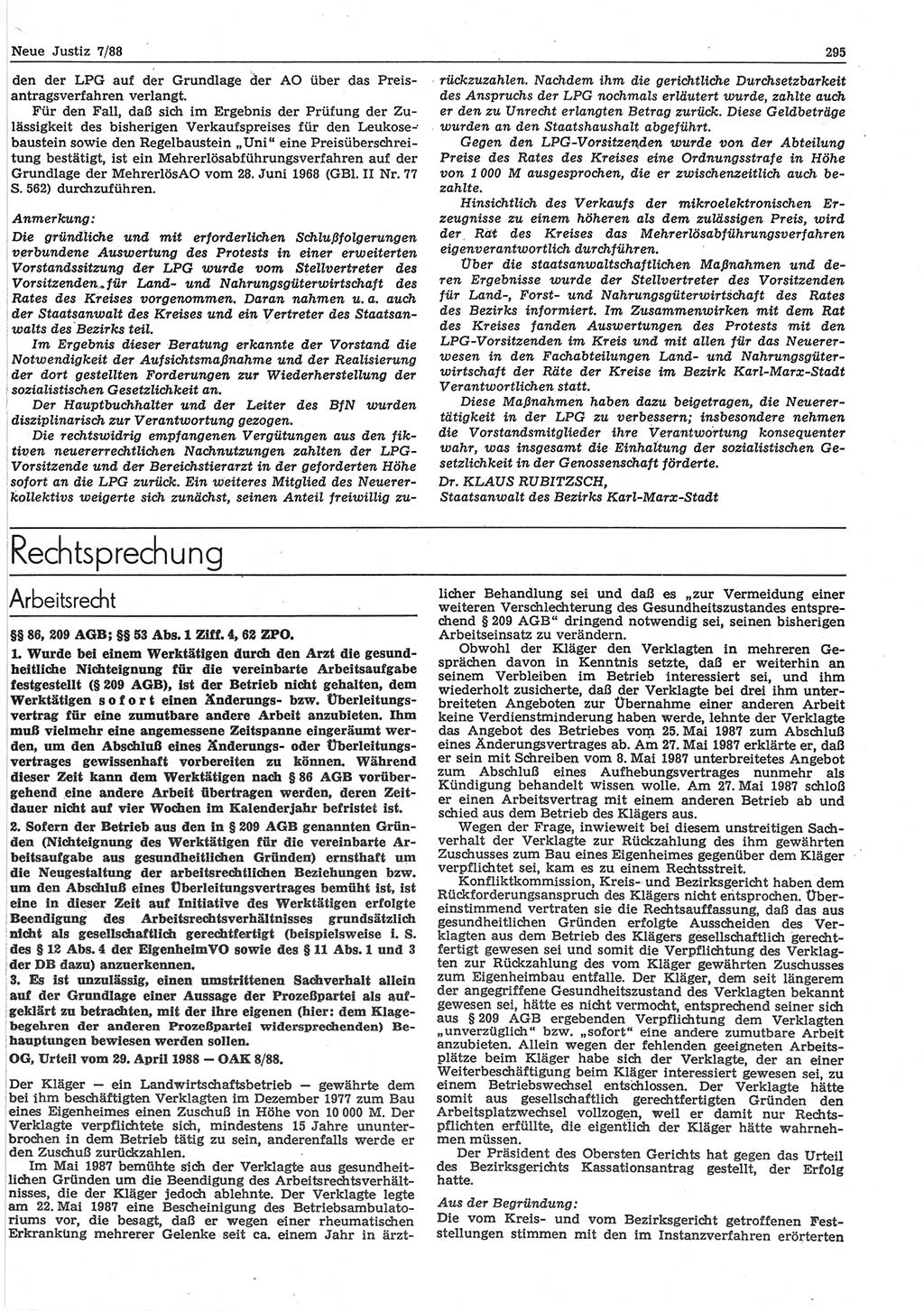 Neue Justiz (NJ), Zeitschrift für sozialistisches Recht und Gesetzlichkeit [Deutsche Demokratische Republik (DDR)], 42. Jahrgang 1988, Seite 295 (NJ DDR 1988, S. 295)