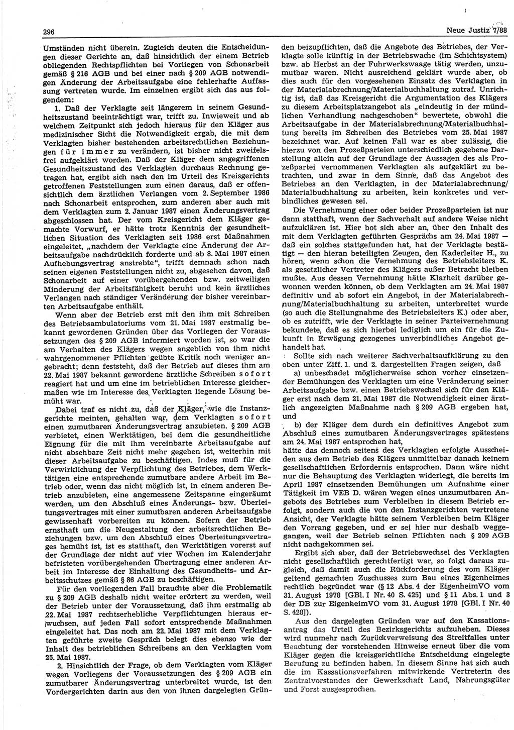 Neue Justiz (NJ), Zeitschrift für sozialistisches Recht und Gesetzlichkeit [Deutsche Demokratische Republik (DDR)], 42. Jahrgang 1988, Seite 296 (NJ DDR 1988, S. 296)