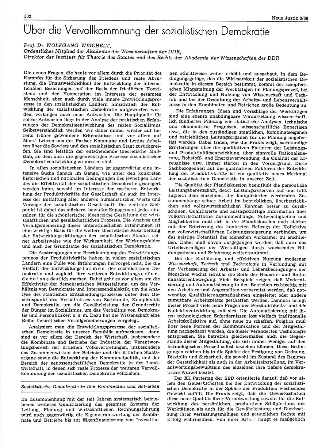 Neue Justiz (NJ), Zeitschrift für sozialistisches Recht und Gesetzlichkeit [Deutsche Demokratische Republik (DDR)], 42. Jahrgang 1988, Seite 302 (NJ DDR 1988, S. 302)