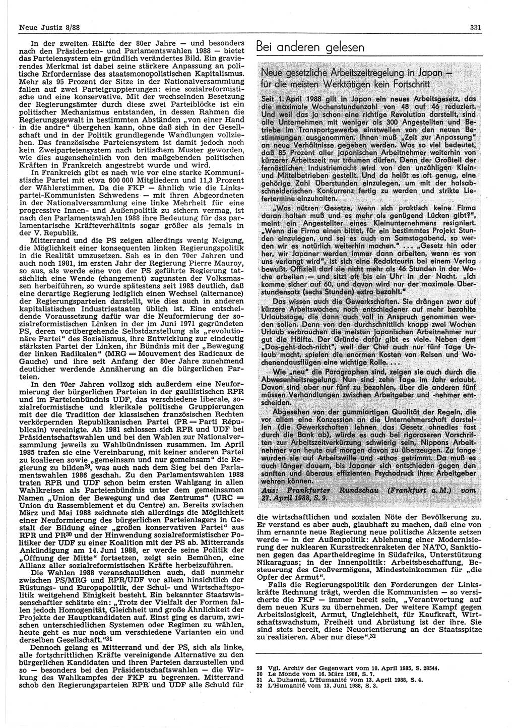 Neue Justiz (NJ), Zeitschrift für sozialistisches Recht und Gesetzlichkeit [Deutsche Demokratische Republik (DDR)], 42. Jahrgang 1988, Seite 331 (NJ DDR 1988, S. 331)