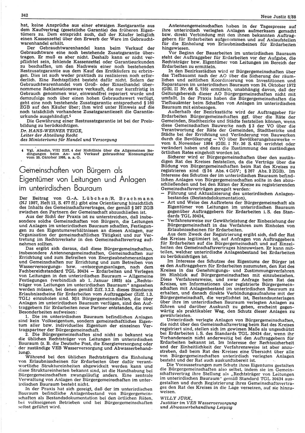 Neue Justiz (NJ), Zeitschrift für sozialistisches Recht und Gesetzlichkeit [Deutsche Demokratische Republik (DDR)], 42. Jahrgang 1988, Seite 342 (NJ DDR 1988, S. 342)