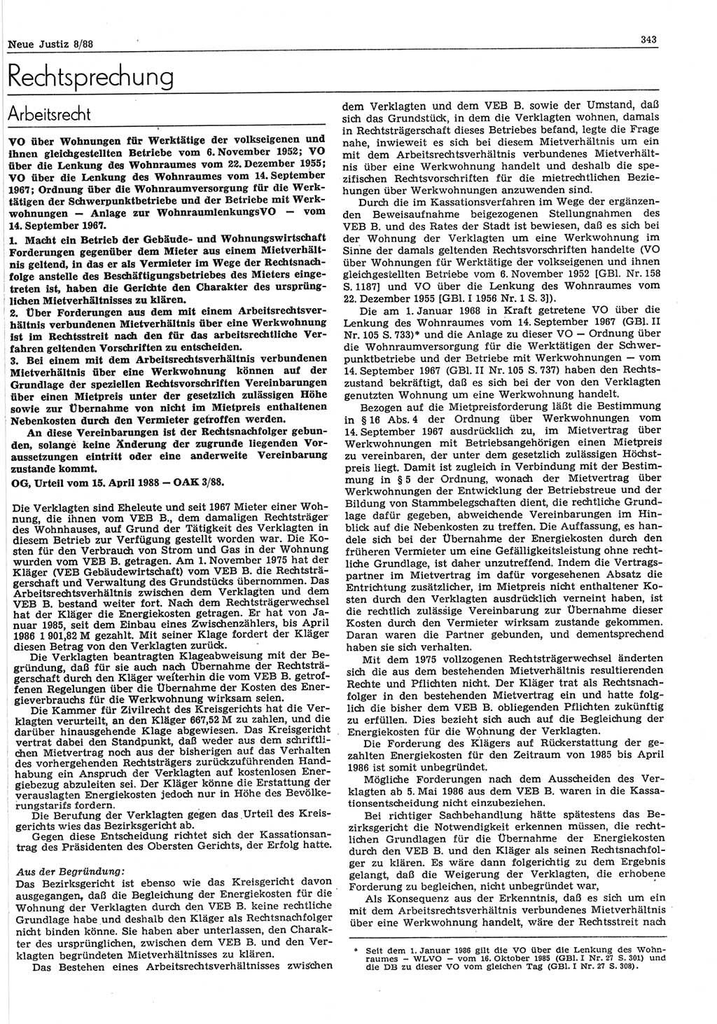 Neue Justiz (NJ), Zeitschrift für sozialistisches Recht und Gesetzlichkeit [Deutsche Demokratische Republik (DDR)], 42. Jahrgang 1988, Seite 343 (NJ DDR 1988, S. 343)