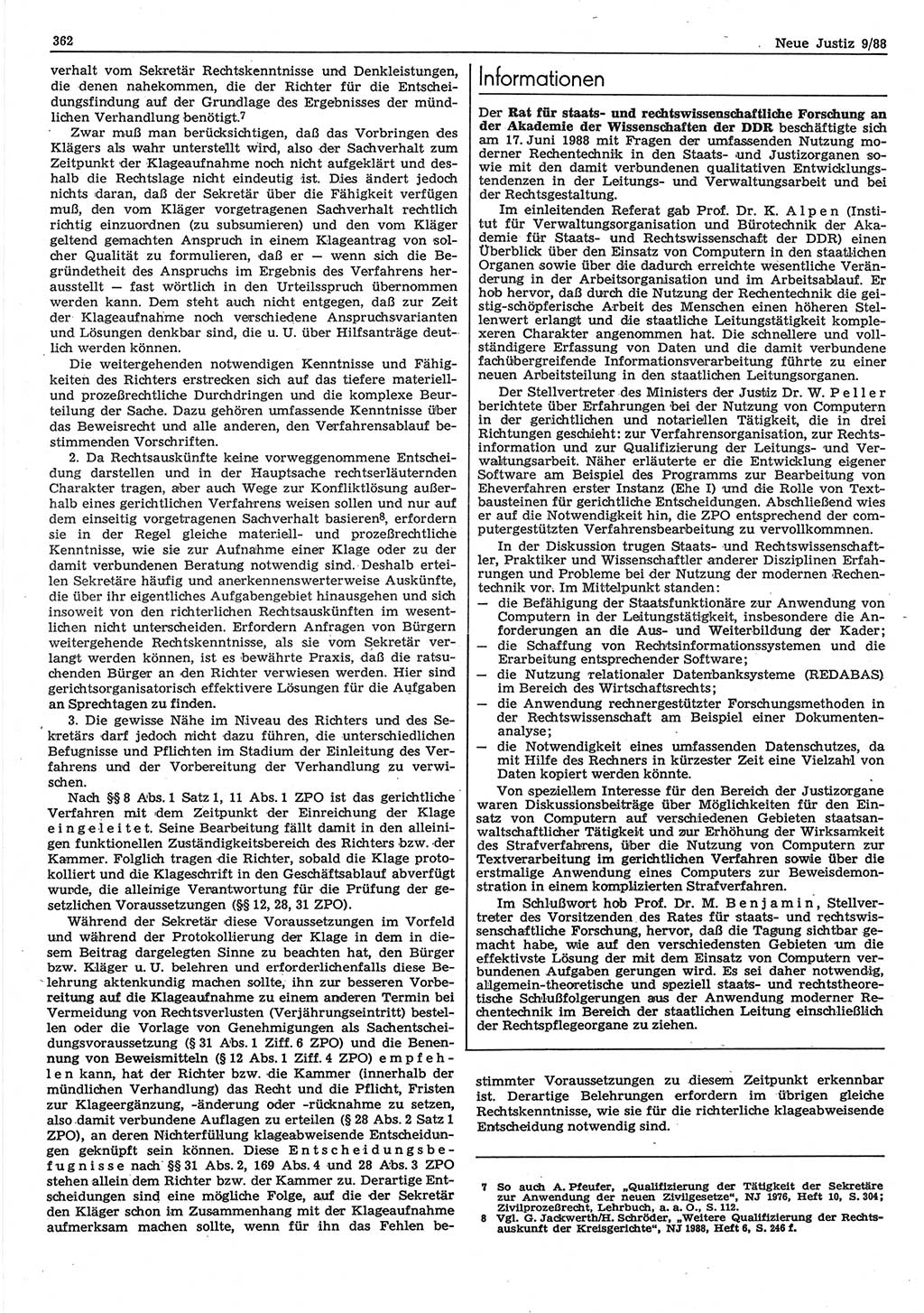 Neue Justiz (NJ), Zeitschrift für sozialistisches Recht und Gesetzlichkeit [Deutsche Demokratische Republik (DDR)], 42. Jahrgang 1988, Seite 362 (NJ DDR 1988, S. 362)