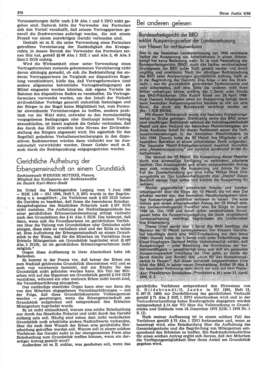 Neue Justiz (NJ), Zeitschrift für sozialistisches Recht und Gesetzlichkeit [Deutsche Demokratische Republik (DDR)], 42. Jahrgang 1988, Seite 378 (NJ DDR 1988, S. 378)