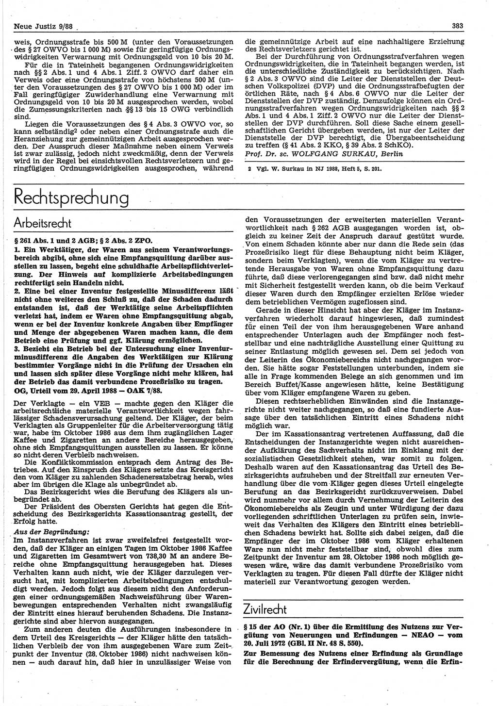 Neue Justiz (NJ), Zeitschrift für sozialistisches Recht und Gesetzlichkeit [Deutsche Demokratische Republik (DDR)], 42. Jahrgang 1988, Seite 383 (NJ DDR 1988, S. 383)