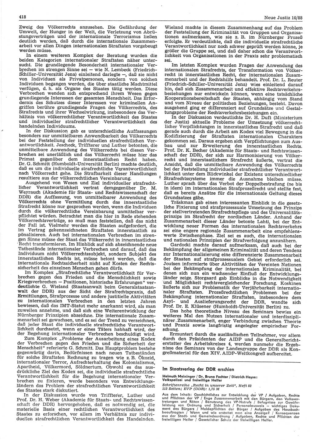 Neue Justiz (NJ), Zeitschrift für sozialistisches Recht und Gesetzlichkeit [Deutsche Demokratische Republik (DDR)], 42. Jahrgang 1988, Seite 418 (NJ DDR 1988, S. 418)