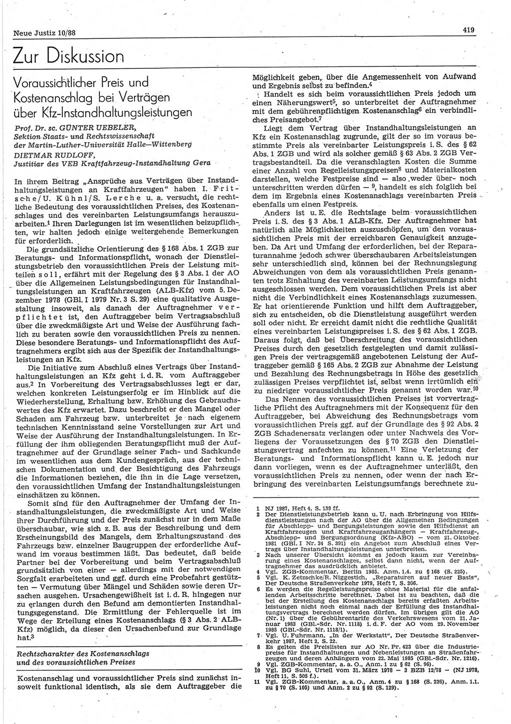 Neue Justiz (NJ), Zeitschrift für sozialistisches Recht und Gesetzlichkeit [Deutsche Demokratische Republik (DDR)], 42. Jahrgang 1988, Seite 419 (NJ DDR 1988, S. 419)