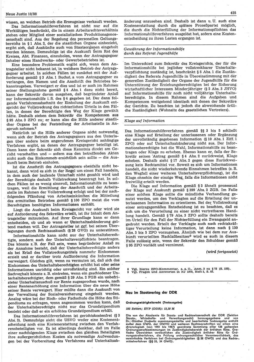 Neue Justiz (NJ), Zeitschrift für sozialistisches Recht und Gesetzlichkeit [Deutsche Demokratische Republik (DDR)], 42. Jahrgang 1988, Seite 425 (NJ DDR 1988, S. 425)