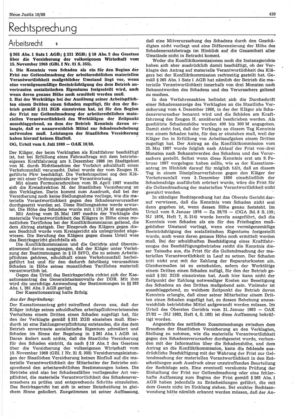 Neue Justiz (NJ), Zeitschrift für sozialistisches Recht und Gesetzlichkeit [Deutsche Demokratische Republik (DDR)], 42. Jahrgang 1988, Seite 429 (NJ DDR 1988, S. 429)