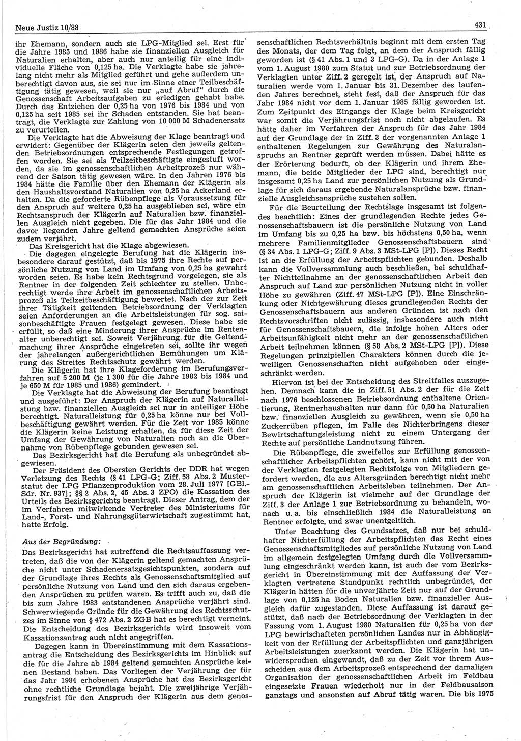 Neue Justiz (NJ), Zeitschrift für sozialistisches Recht und Gesetzlichkeit [Deutsche Demokratische Republik (DDR)], 42. Jahrgang 1988, Seite 431 (NJ DDR 1988, S. 431)