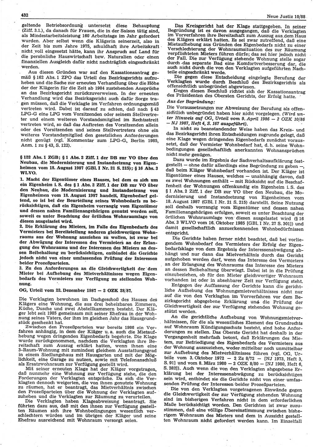 Neue Justiz (NJ), Zeitschrift für sozialistisches Recht und Gesetzlichkeit [Deutsche Demokratische Republik (DDR)], 42. Jahrgang 1988, Seite 432 (NJ DDR 1988, S. 432)