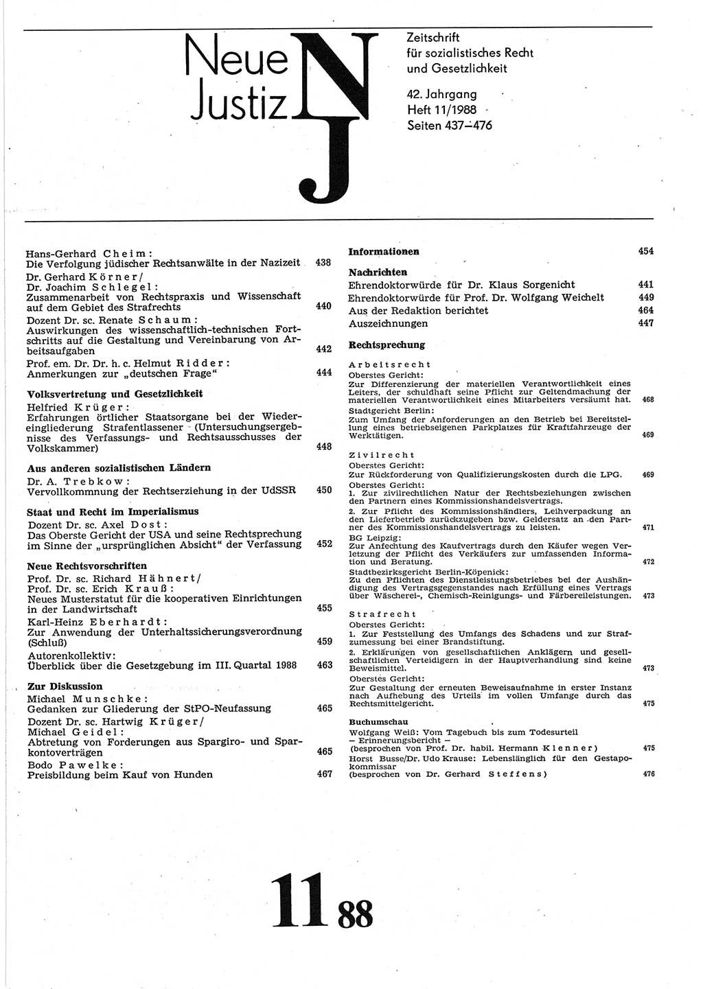 Neue Justiz (NJ), Zeitschrift für sozialistisches Recht und Gesetzlichkeit [Deutsche Demokratische Republik (DDR)], 42. Jahrgang 1988, Seite 437 (NJ DDR 1988, S. 437)