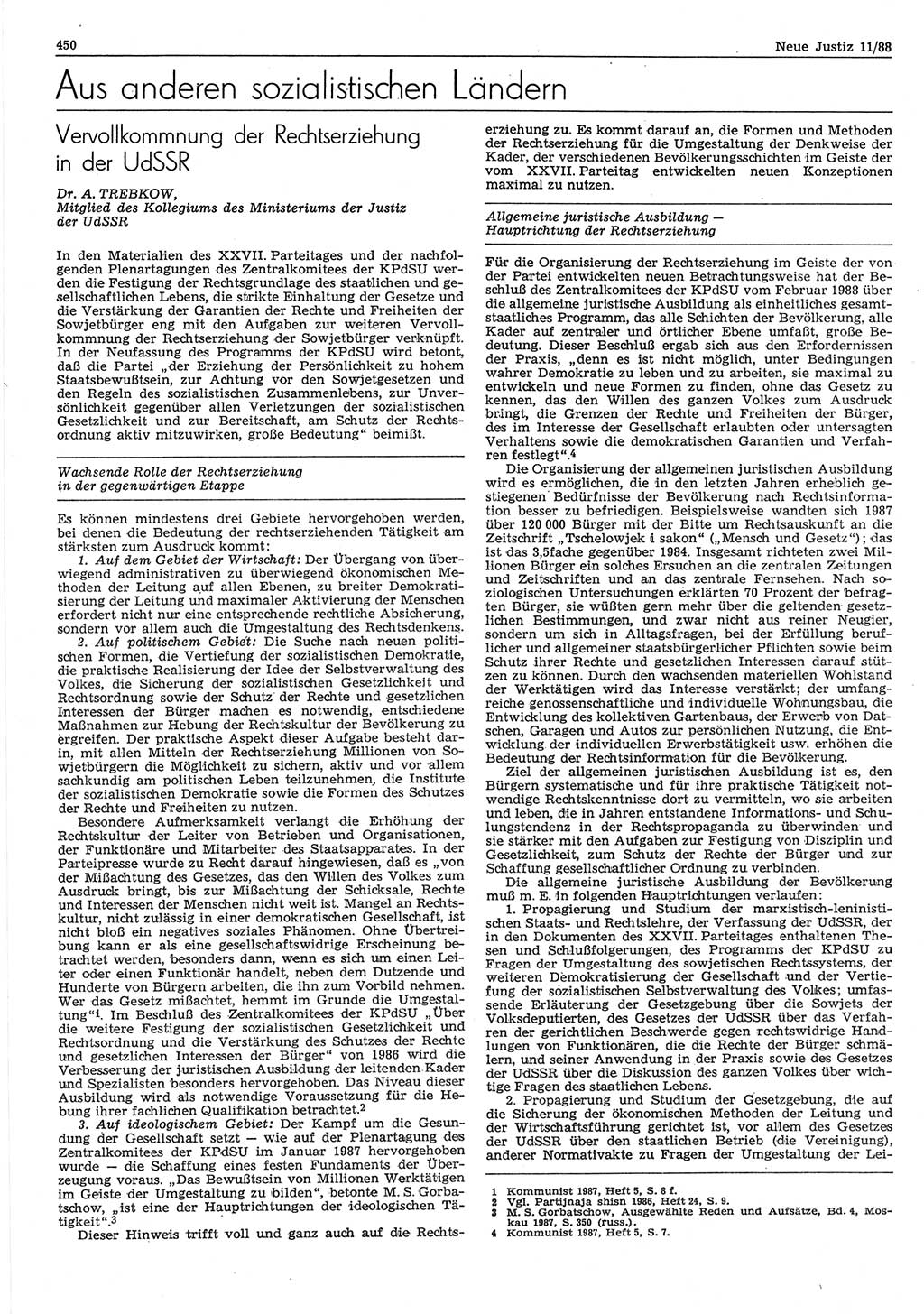 Neue Justiz (NJ), Zeitschrift für sozialistisches Recht und Gesetzlichkeit [Deutsche Demokratische Republik (DDR)], 42. Jahrgang 1988, Seite 450 (NJ DDR 1988, S. 450)