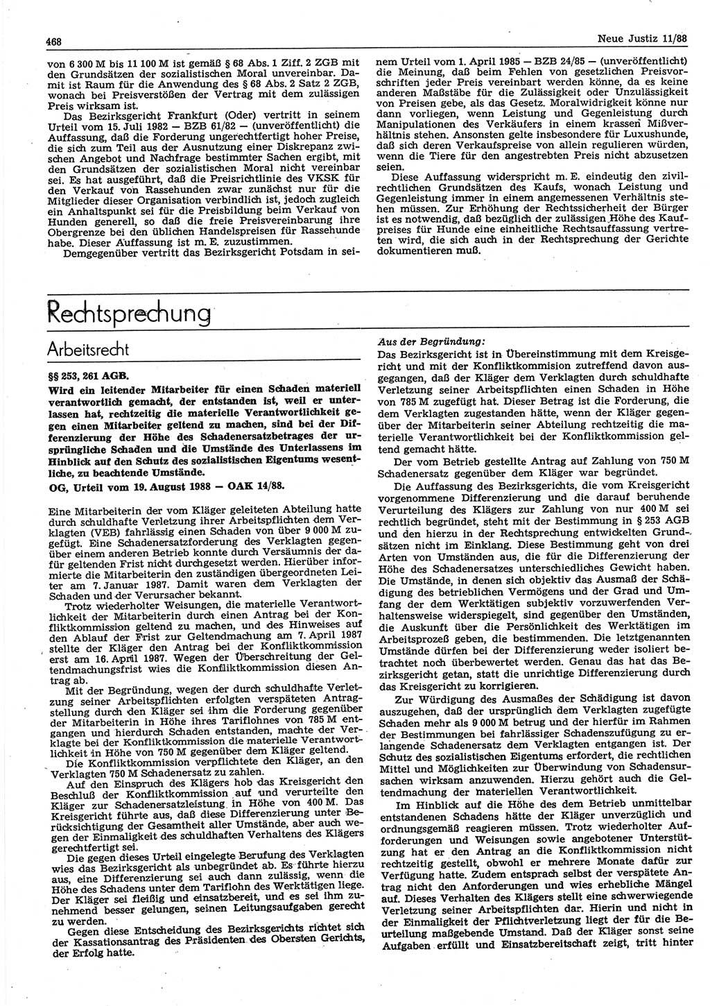 Neue Justiz (NJ), Zeitschrift für sozialistisches Recht und Gesetzlichkeit [Deutsche Demokratische Republik (DDR)], 42. Jahrgang 1988, Seite 468 (NJ DDR 1988, S. 468)