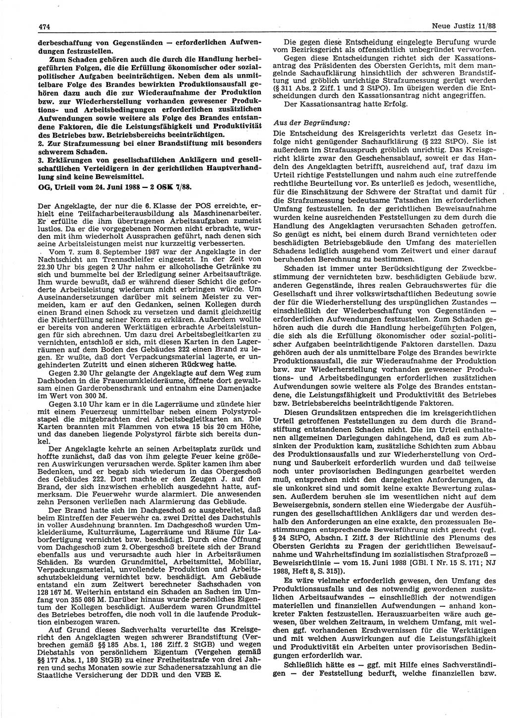 Neue Justiz (NJ), Zeitschrift für sozialistisches Recht und Gesetzlichkeit [Deutsche Demokratische Republik (DDR)], 42. Jahrgang 1988, Seite 474 (NJ DDR 1988, S. 474)