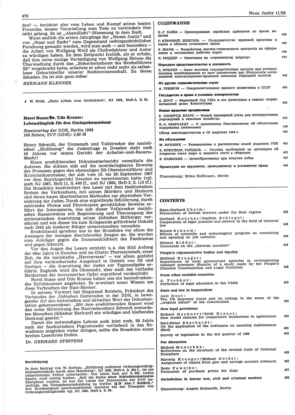 Neue Justiz (NJ), Zeitschrift für sozialistisches Recht und Gesetzlichkeit [Deutsche Demokratische Republik (DDR)], 42. Jahrgang 1988, Seite 476 (NJ DDR 1988, S. 476)