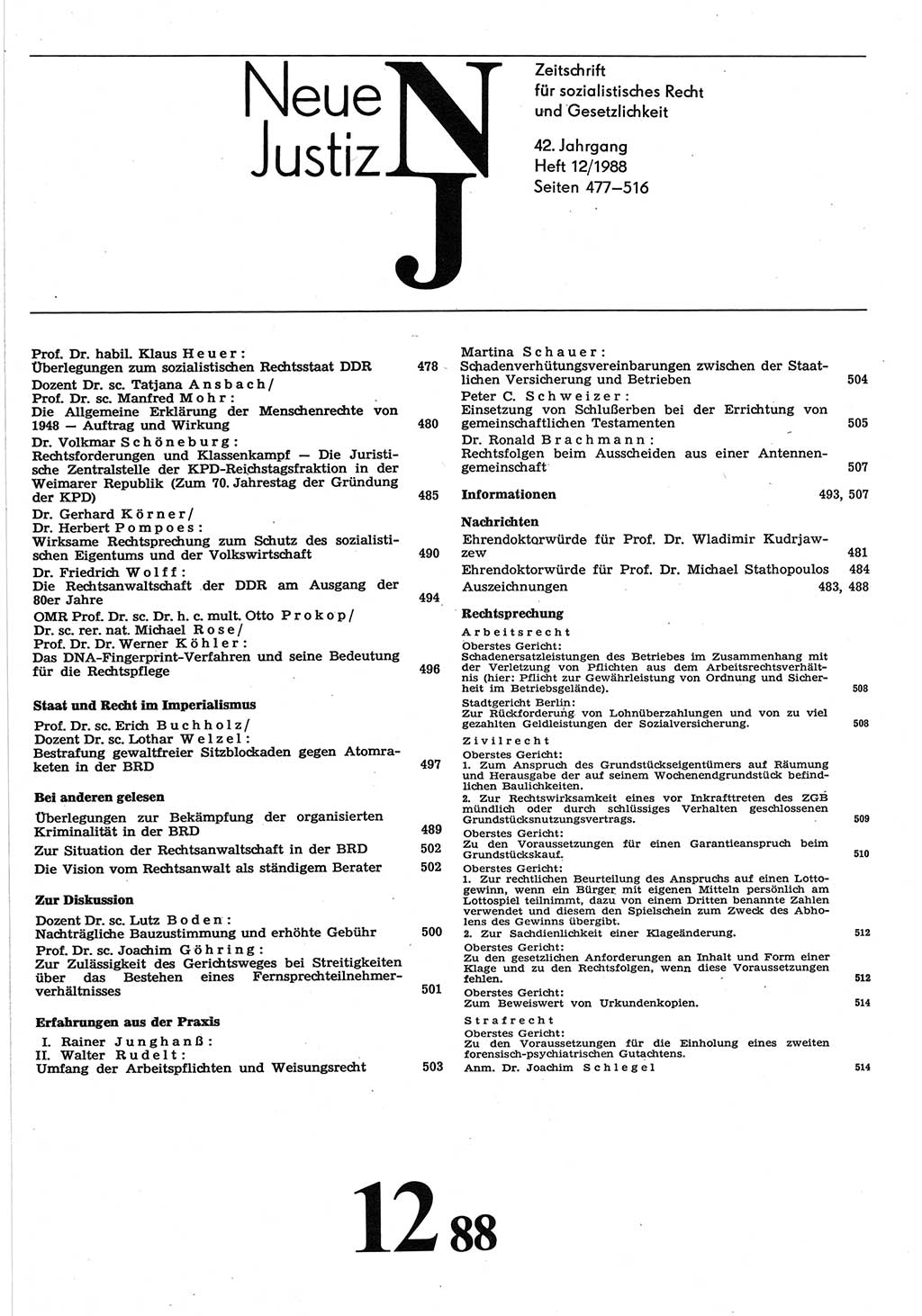 Neue Justiz (NJ), Zeitschrift für sozialistisches Recht und Gesetzlichkeit [Deutsche Demokratische Republik (DDR)], 42. Jahrgang 1988, Seite 477 (NJ DDR 1988, S. 477)