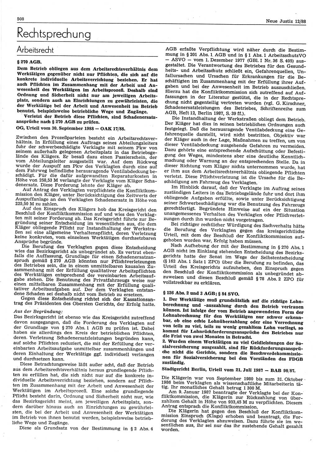 Neue Justiz (NJ), Zeitschrift für sozialistisches Recht und Gesetzlichkeit [Deutsche Demokratische Republik (DDR)], 42. Jahrgang 1988, Seite 508 (NJ DDR 1988, S. 508)