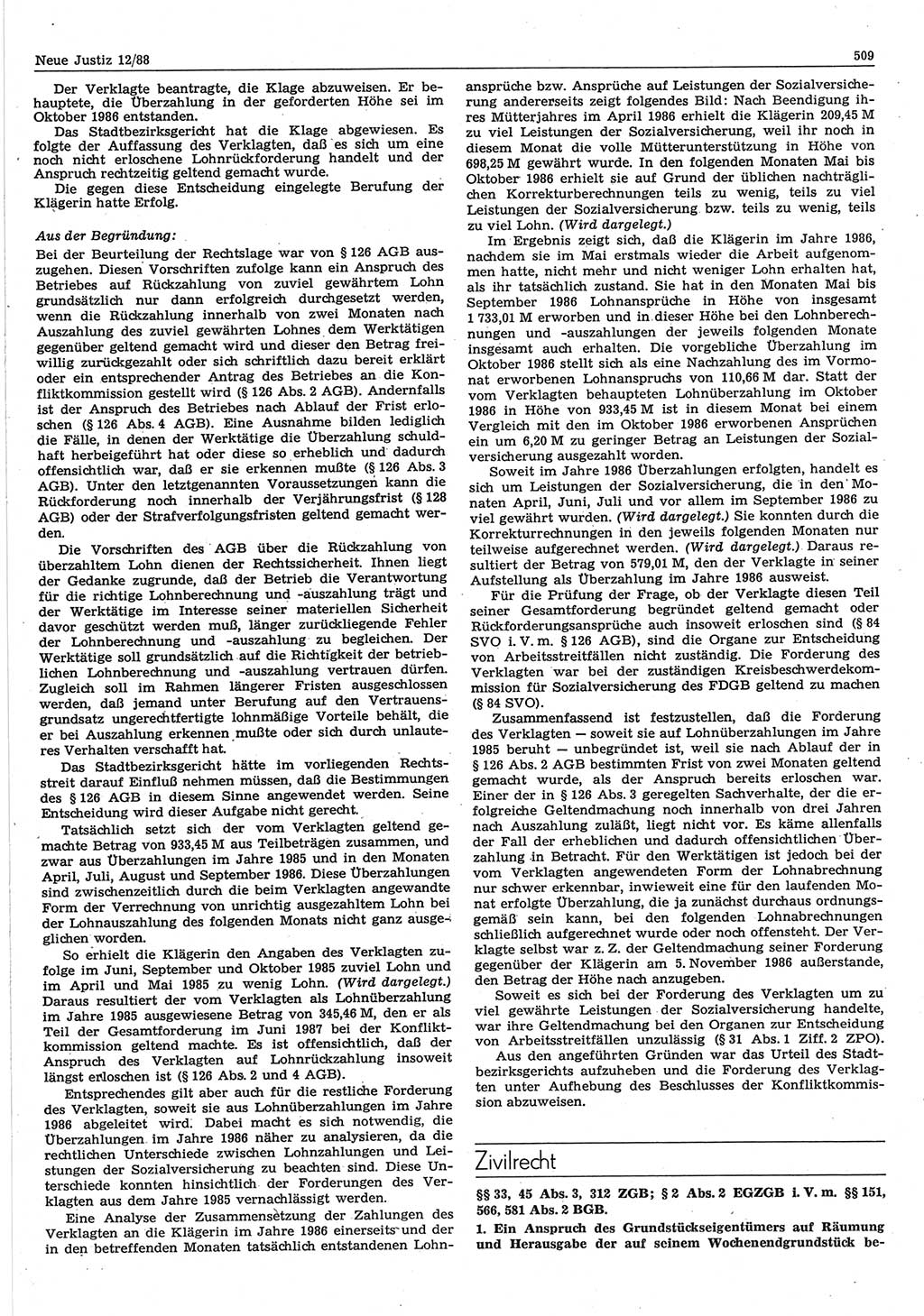 Neue Justiz (NJ), Zeitschrift für sozialistisches Recht und Gesetzlichkeit [Deutsche Demokratische Republik (DDR)], 42. Jahrgang 1988, Seite 509 (NJ DDR 1988, S. 509)