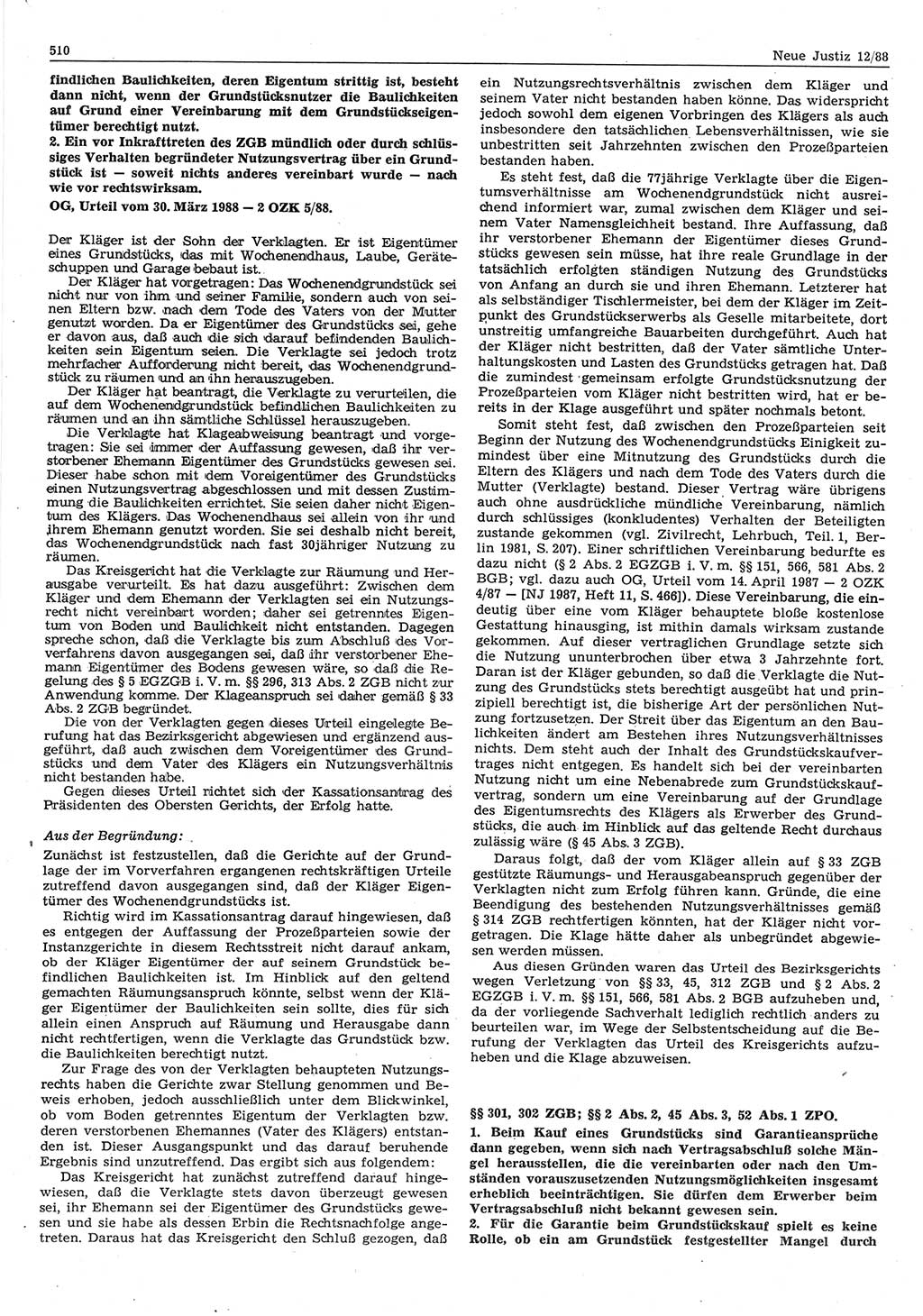 Neue Justiz (NJ), Zeitschrift für sozialistisches Recht und Gesetzlichkeit [Deutsche Demokratische Republik (DDR)], 42. Jahrgang 1988, Seite 510 (NJ DDR 1988, S. 510)