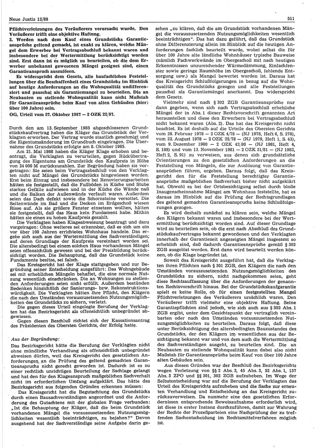 Neue Justiz (NJ), Zeitschrift für sozialistisches Recht und Gesetzlichkeit [Deutsche Demokratische Republik (DDR)], 42. Jahrgang 1988, Seite 511 (NJ DDR 1988, S. 511)