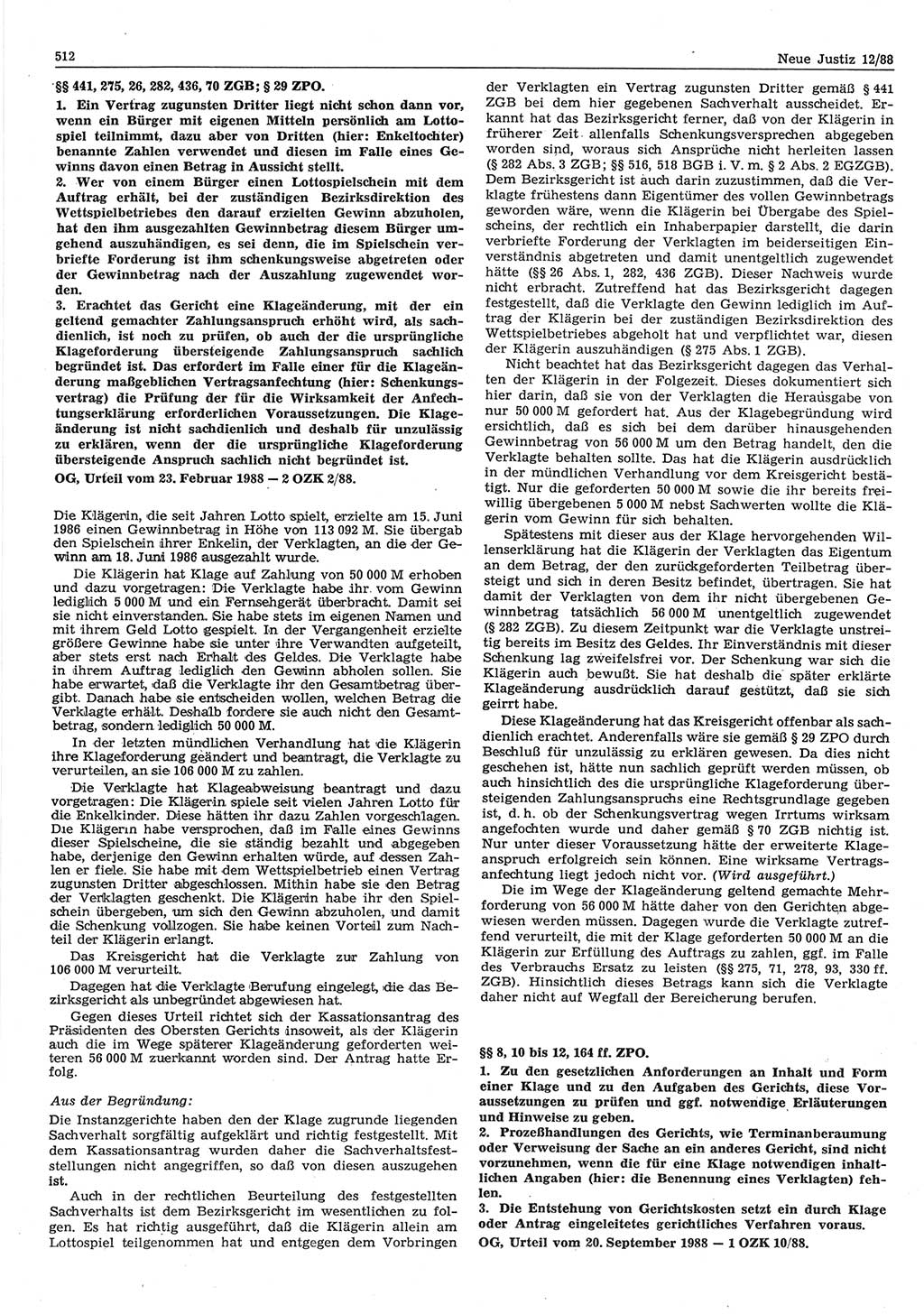 Neue Justiz (NJ), Zeitschrift für sozialistisches Recht und Gesetzlichkeit [Deutsche Demokratische Republik (DDR)], 42. Jahrgang 1988, Seite 512 (NJ DDR 1988, S. 512)