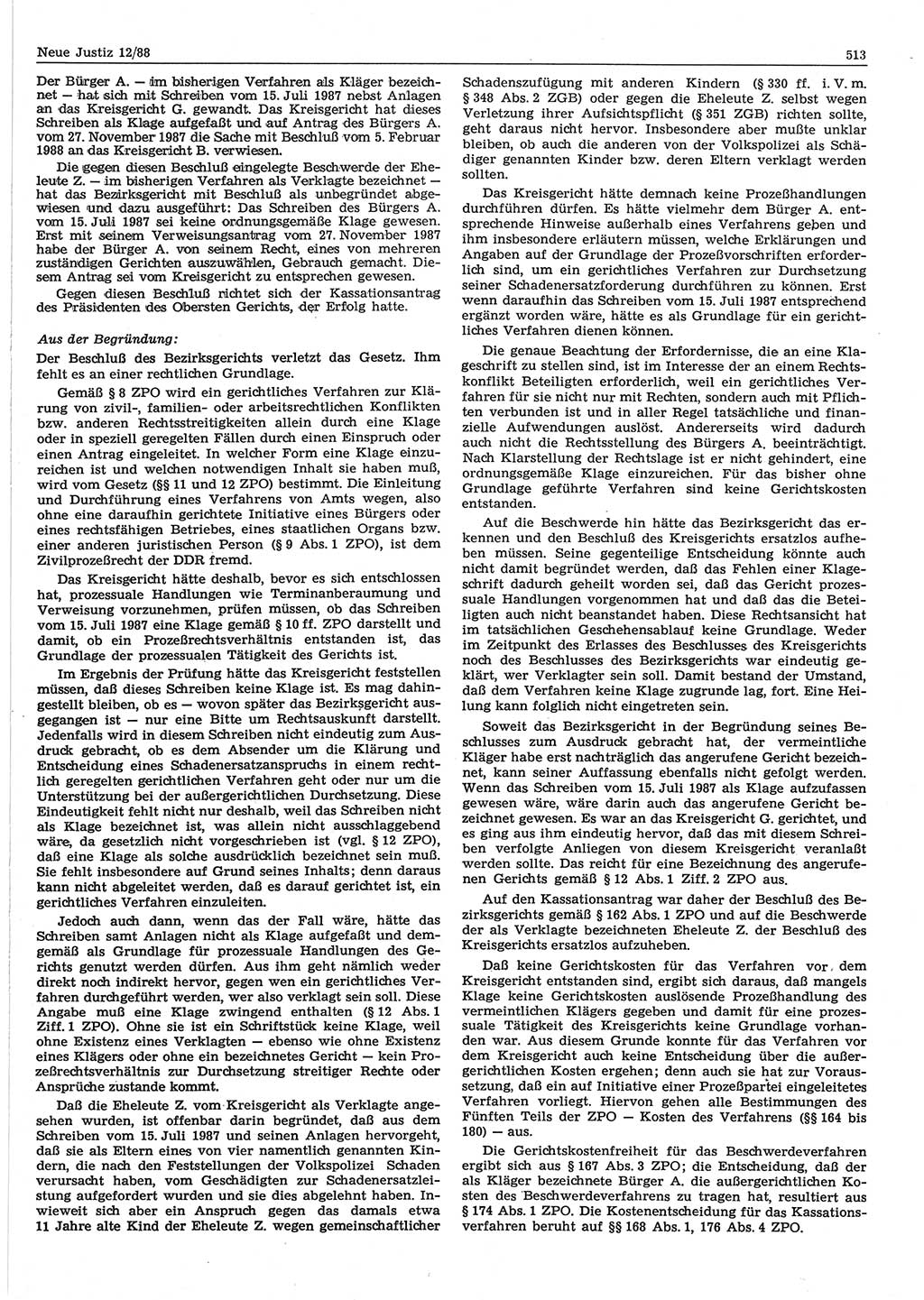 Neue Justiz (NJ), Zeitschrift für sozialistisches Recht und Gesetzlichkeit [Deutsche Demokratische Republik (DDR)], 42. Jahrgang 1988, Seite 513 (NJ DDR 1988, S. 513)