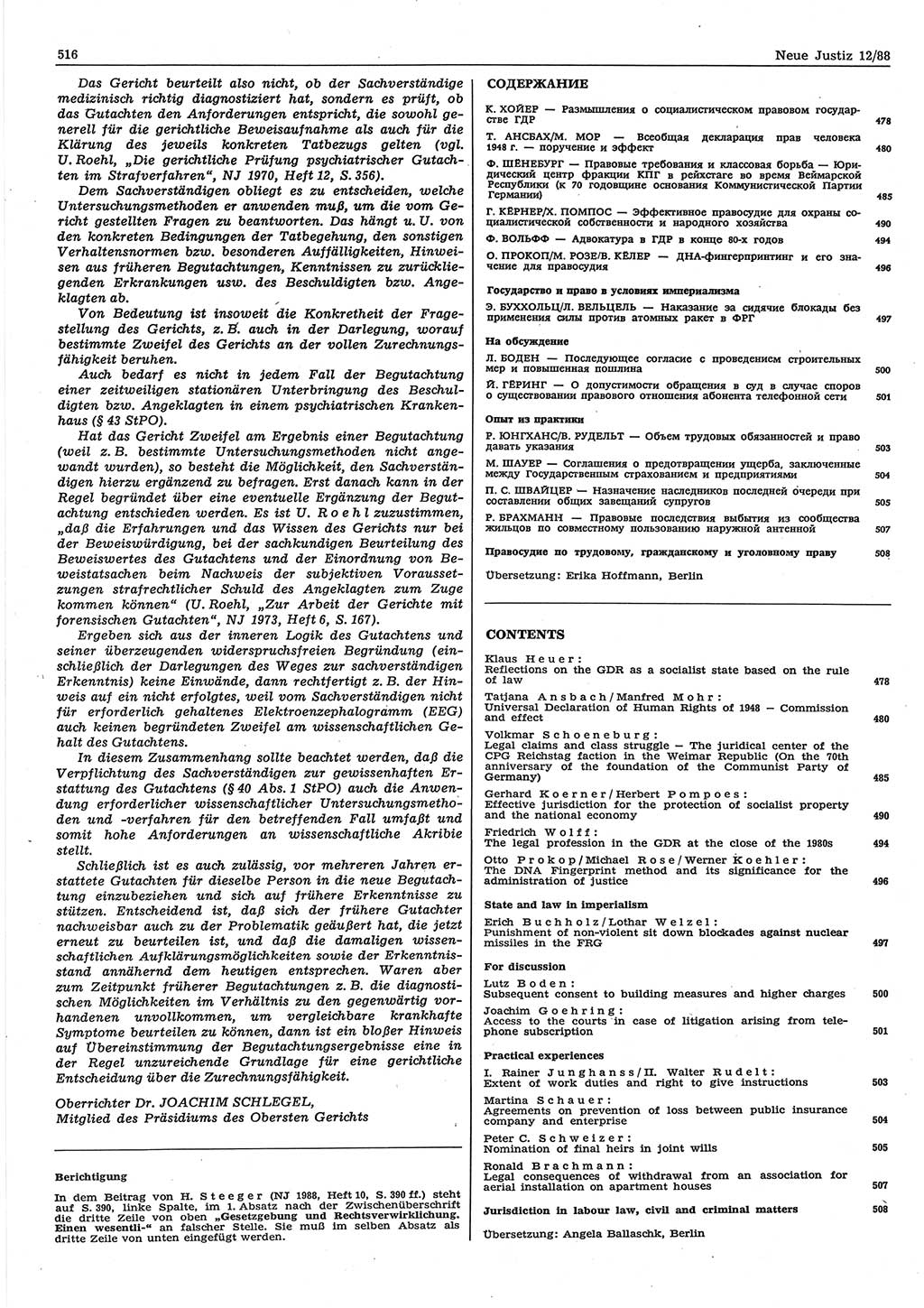 Neue Justiz (NJ), Zeitschrift für sozialistisches Recht und Gesetzlichkeit [Deutsche Demokratische Republik (DDR)], 42. Jahrgang 1988, Seite 516 (NJ DDR 1988, S. 516)