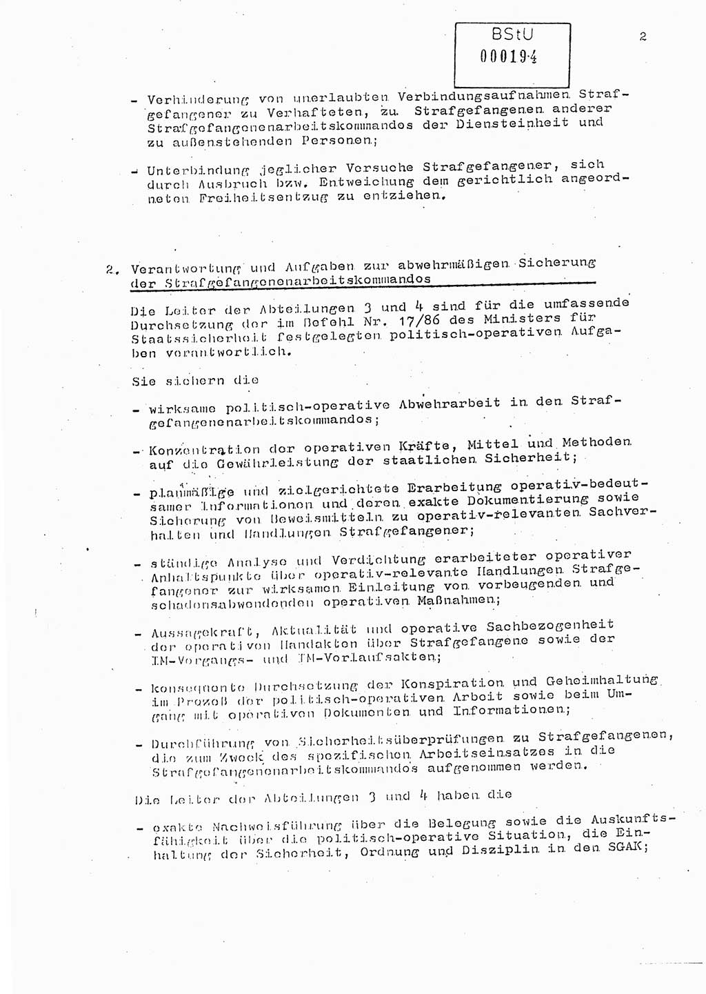 Anweisung Nr. 1/89 zur Gewährleistung der Sicherheit und Ordnung in den Strafgefangenenarbeitskommandos (SGAK) der Abteilung ⅩⅣ des MfS Berlin, Ministerium für Staatssicherheit (MfS) [Deutsche Demokratische Republik (DDR)], Abteilung (Abt.) ⅩⅣ, Berlin 1989, Seite 2 (Anw. 1/89 MfS DDR Abt. ⅩⅣ 1/89 1989, S. 2)