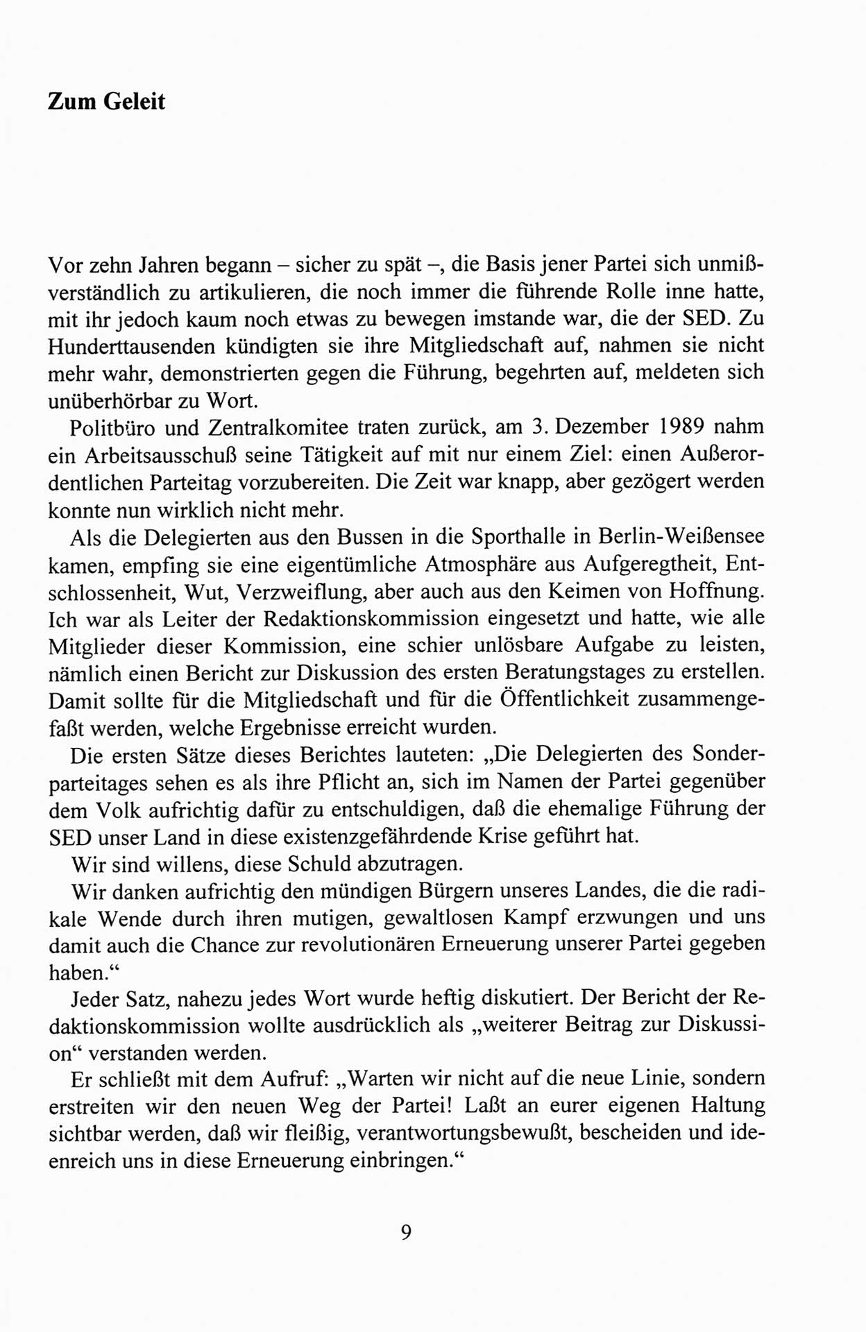 Außerordentlicher Parteitag der SED/PDS (Sozialistische Einheitspartei Deutschlands/Partei des Demokratischen Sozialismus) [Deutsche Demokratische Republik (DDR)], Protokoll der Beratungen am 8./9. und 16./17.12.1989 in Berlin 1989, Seite 9 (PT. SED/PDS DDR Prot. 1989, S. 9)