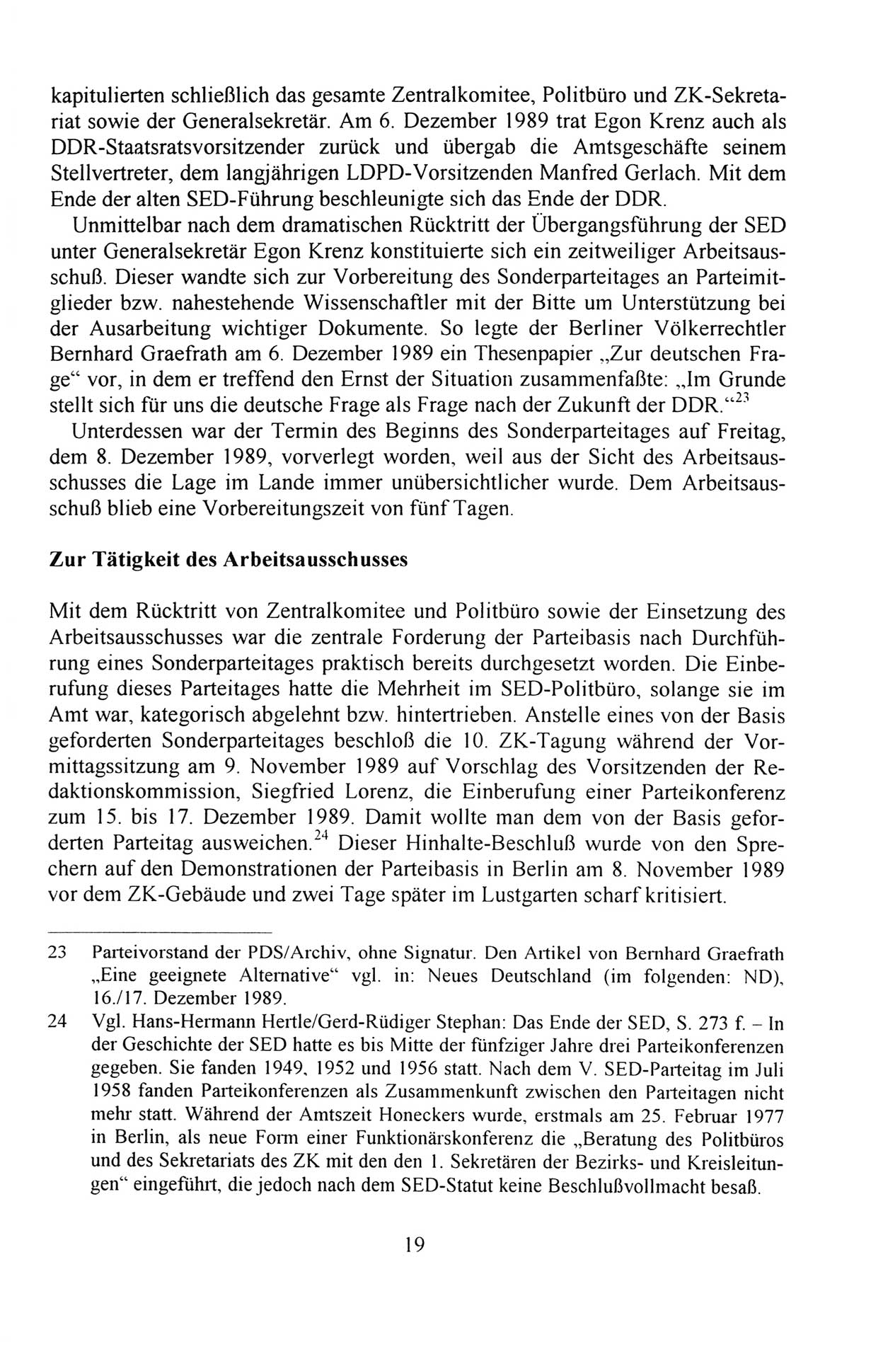 AuÃŸerordentlicher Parteitag der SED/PDS (Sozialistische Einheitspartei Deutschlands/Partei des Demokratischen Sozialismus) [Deutsche Demokratische Republik (DDR)], Protokoll der Beratungen am 8./9. und 16./17.12.1989 in Berlin 1989, Seite 19 (PT. SED/PDS DDR Prot. 1989, S. 19)
