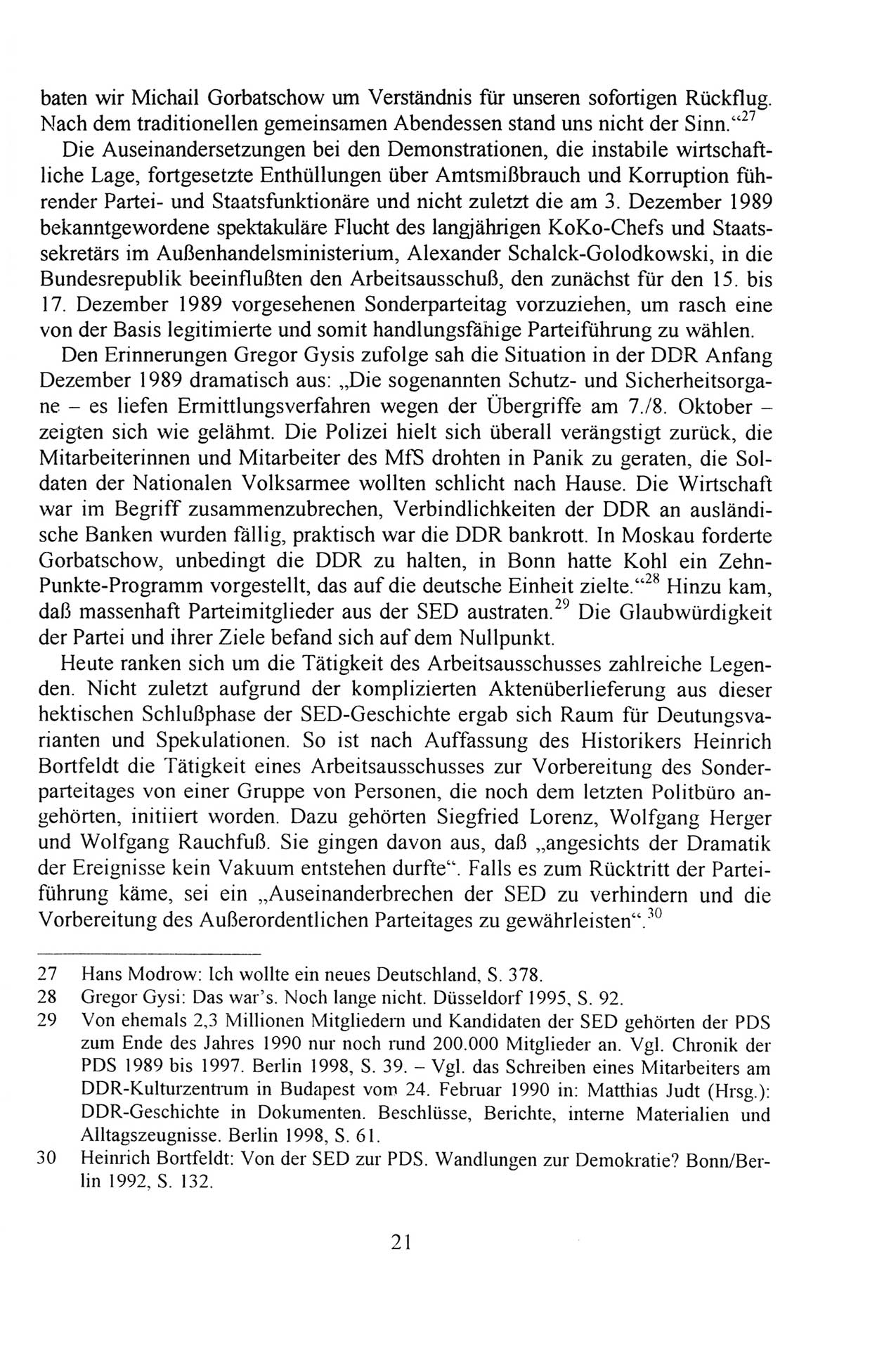 Außerordentlicher Parteitag der SED/PDS (Sozialistische Einheitspartei Deutschlands/Partei des Demokratischen Sozialismus) [Deutsche Demokratische Republik (DDR)], Protokoll der Beratungen am 8./9. und 16./17.12.1989 in Berlin 1989, Seite 21 (PT. SED/PDS DDR Prot. 1989, S. 21)