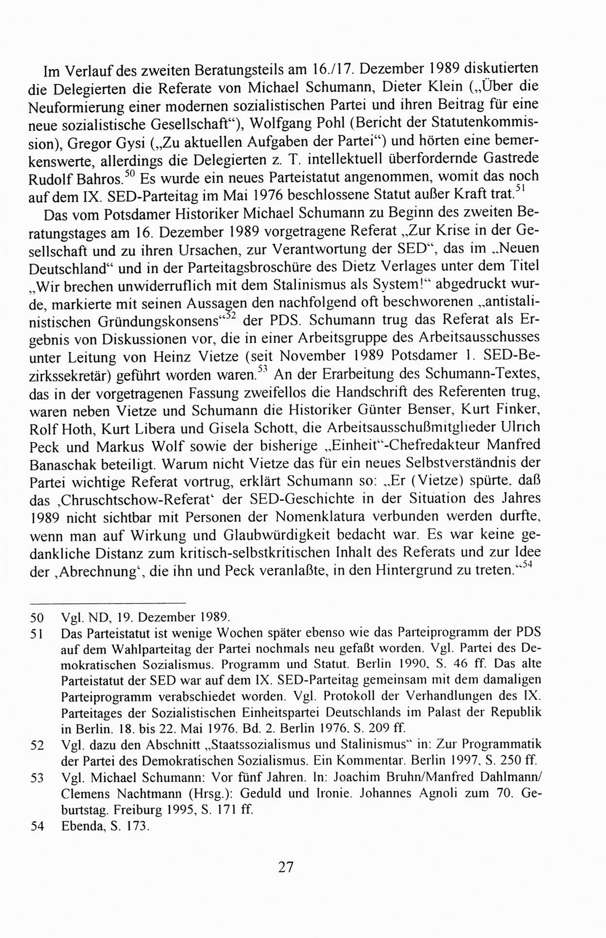 AuÃŸerordentlicher Parteitag der SED/PDS (Sozialistische Einheitspartei Deutschlands/Partei des Demokratischen Sozialismus) [Deutsche Demokratische Republik (DDR)], Protokoll der Beratungen am 8./9. und 16./17.12.1989 in Berlin 1989, Seite 27 (PT. SED/PDS DDR Prot. 1989, S. 27)