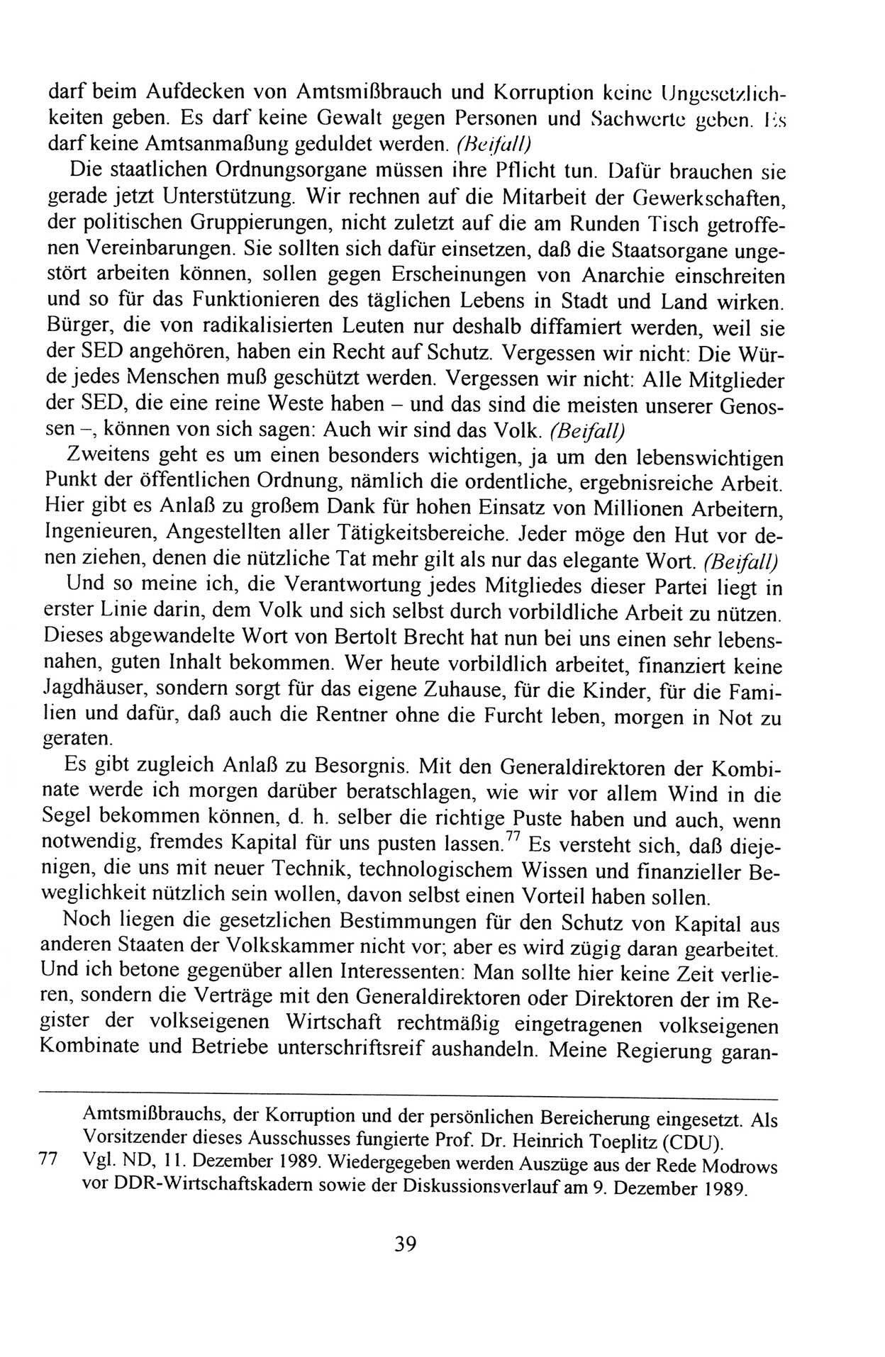 Außerordentlicher Parteitag der SED/PDS (Sozialistische Einheitspartei Deutschlands/Partei des Demokratischen Sozialismus) [Deutsche Demokratische Republik (DDR)], Protokoll der Beratungen am 8./9. und 16./17.12.1989 in Berlin 1989, Seite 39 (PT. SED/PDS DDR Prot. 1989, S. 39)