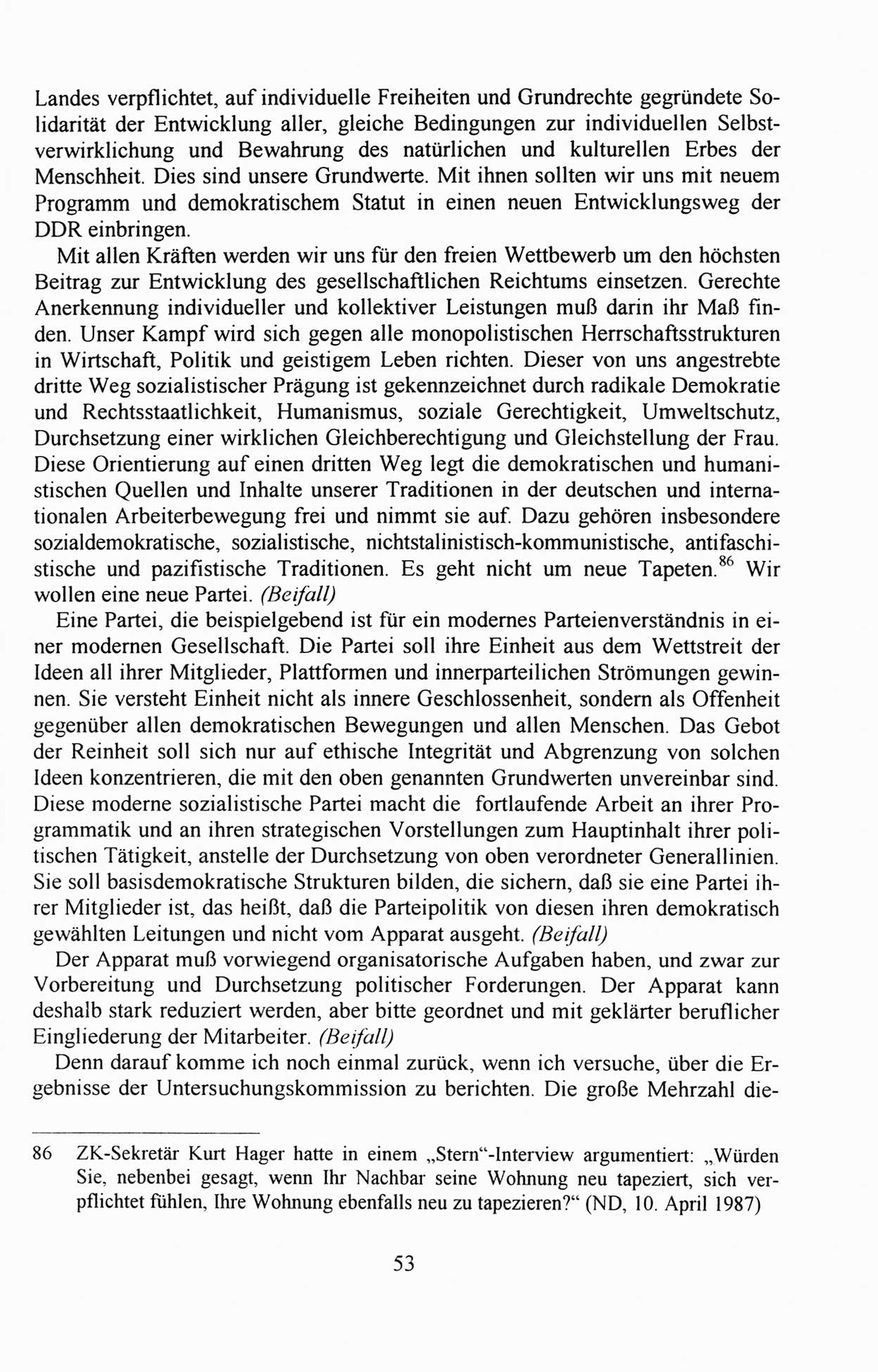 Außerordentlicher Parteitag der SED/PDS (Sozialistische Einheitspartei Deutschlands/Partei des Demokratischen Sozialismus) [Deutsche Demokratische Republik (DDR)], Protokoll der Beratungen am 8./9. und 16./17.12.1989 in Berlin 1989, Seite 53 (PT. SED/PDS DDR Prot. 1989, S. 53)