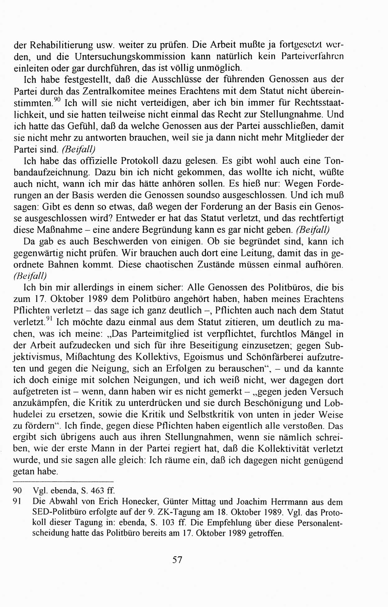 Außerordentlicher Parteitag der SED/PDS (Sozialistische Einheitspartei Deutschlands/Partei des Demokratischen Sozialismus) [Deutsche Demokratische Republik (DDR)], Protokoll der Beratungen am 8./9. und 16./17.12.1989 in Berlin 1989, Seite 57 (PT. SED/PDS DDR Prot. 1989, S. 57)