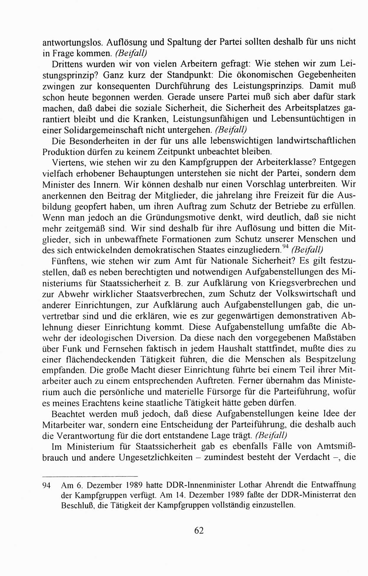 AuÃŸerordentlicher Parteitag der SED/PDS (Sozialistische Einheitspartei Deutschlands/Partei des Demokratischen Sozialismus) [Deutsche Demokratische Republik (DDR)], Protokoll der Beratungen am 8./9. und 16./17.12.1989 in Berlin 1989, Seite 62 (PT. SED/PDS DDR Prot. 1989, S. 62)
