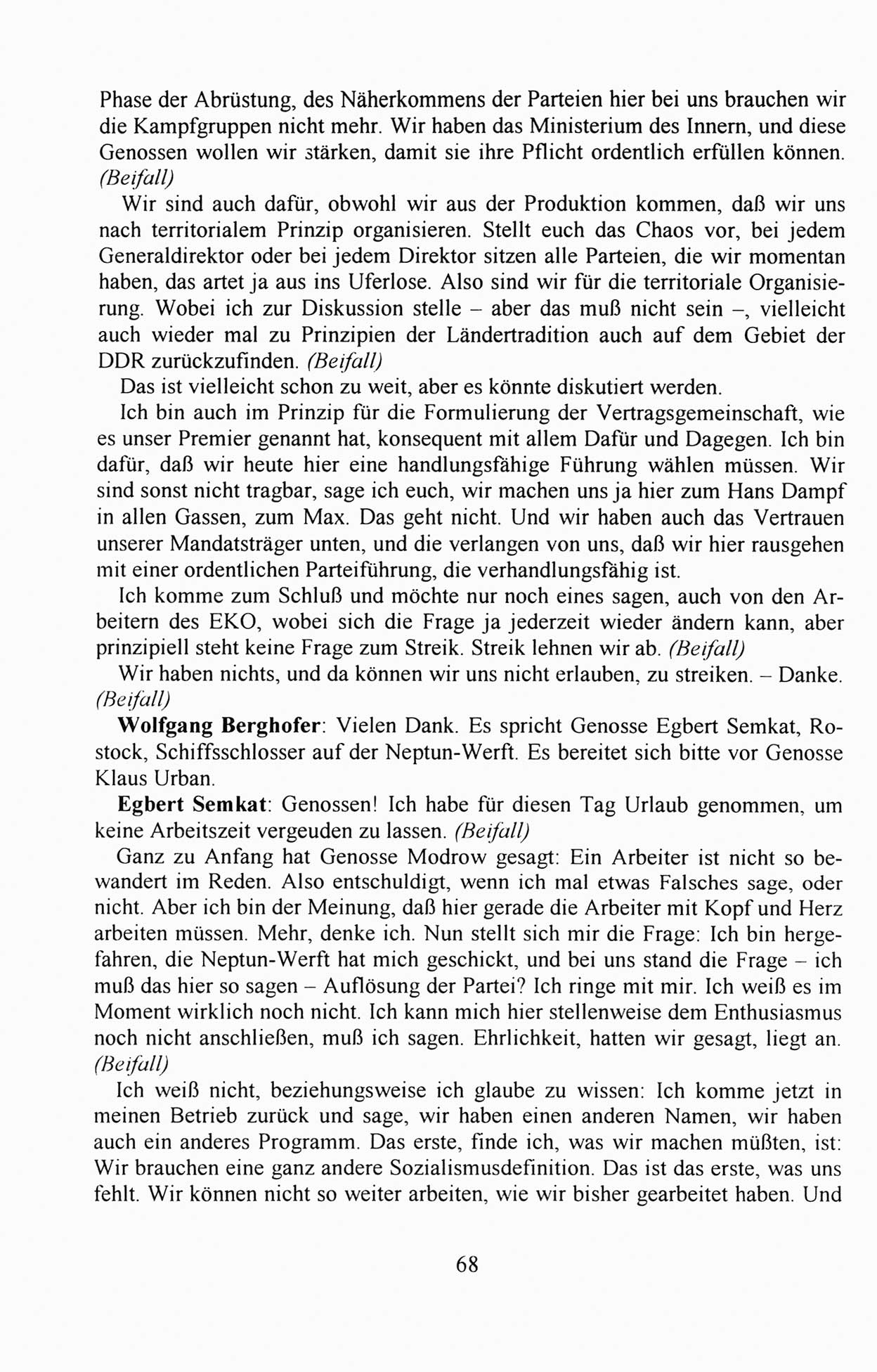 Außerordentlicher Parteitag der SED/PDS (Sozialistische Einheitspartei Deutschlands/Partei des Demokratischen Sozialismus) [Deutsche Demokratische Republik (DDR)], Protokoll der Beratungen am 8./9. und 16./17.12.1989 in Berlin 1989, Seite 68 (PT. SED/PDS DDR Prot. 1989, S. 68)