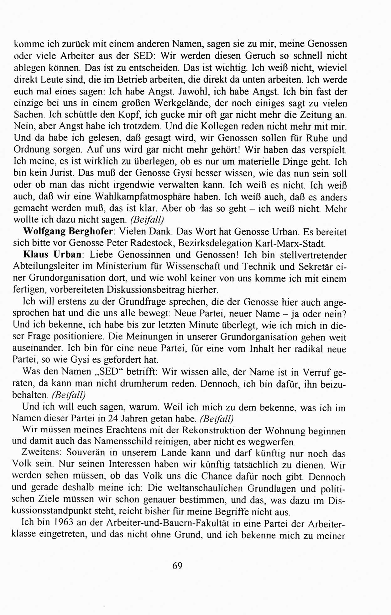 AuÃŸerordentlicher Parteitag der SED/PDS (Sozialistische Einheitspartei Deutschlands/Partei des Demokratischen Sozialismus) [Deutsche Demokratische Republik (DDR)], Protokoll der Beratungen am 8./9. und 16./17.12.1989 in Berlin 1989, Seite 69 (PT. SED/PDS DDR Prot. 1989, S. 69)