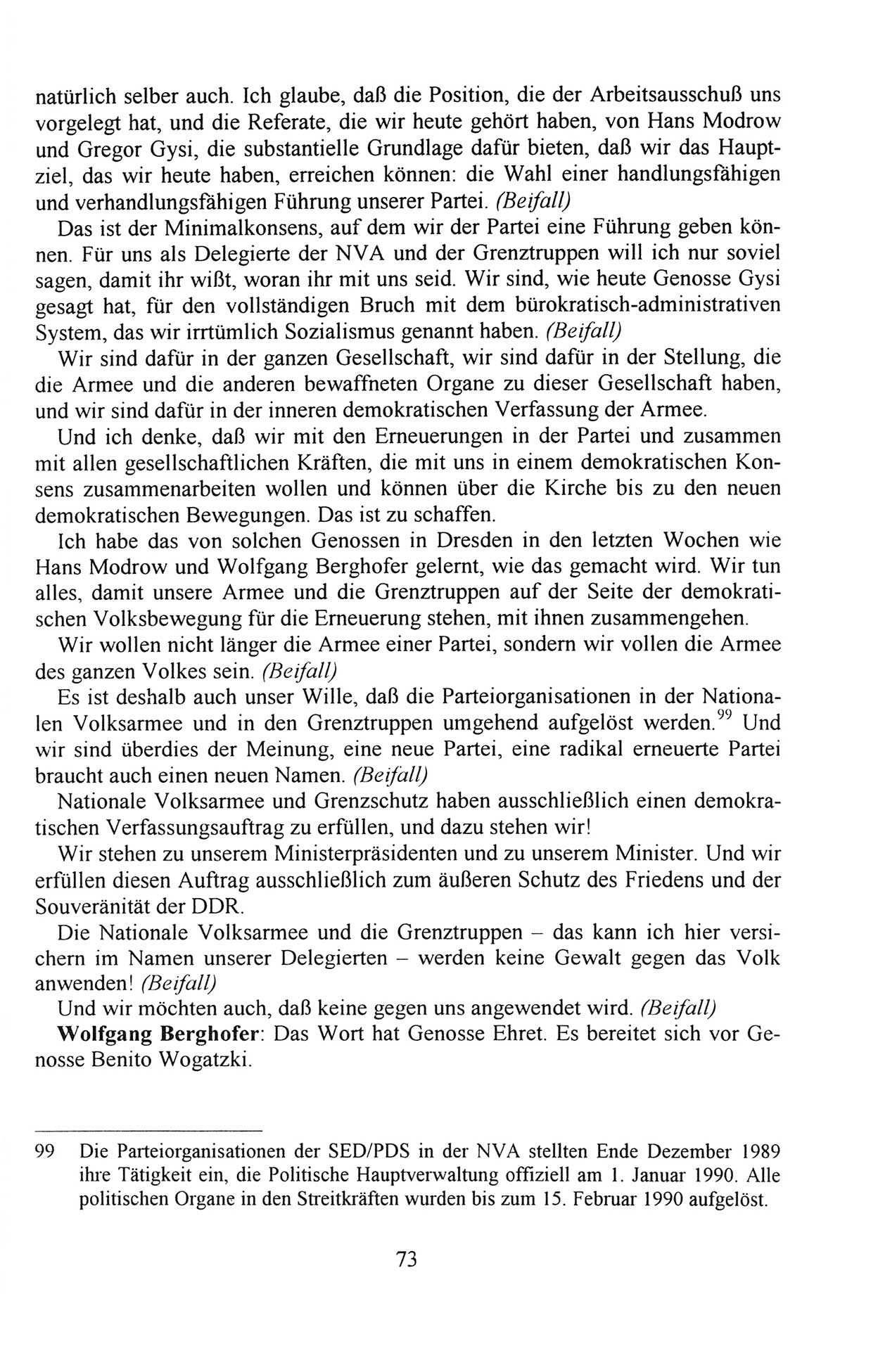 AuÃŸerordentlicher Parteitag der SED/PDS (Sozialistische Einheitspartei Deutschlands/Partei des Demokratischen Sozialismus) [Deutsche Demokratische Republik (DDR)], Protokoll der Beratungen am 8./9. und 16./17.12.1989 in Berlin 1989, Seite 73 (PT. SED/PDS DDR Prot. 1989, S. 73)
