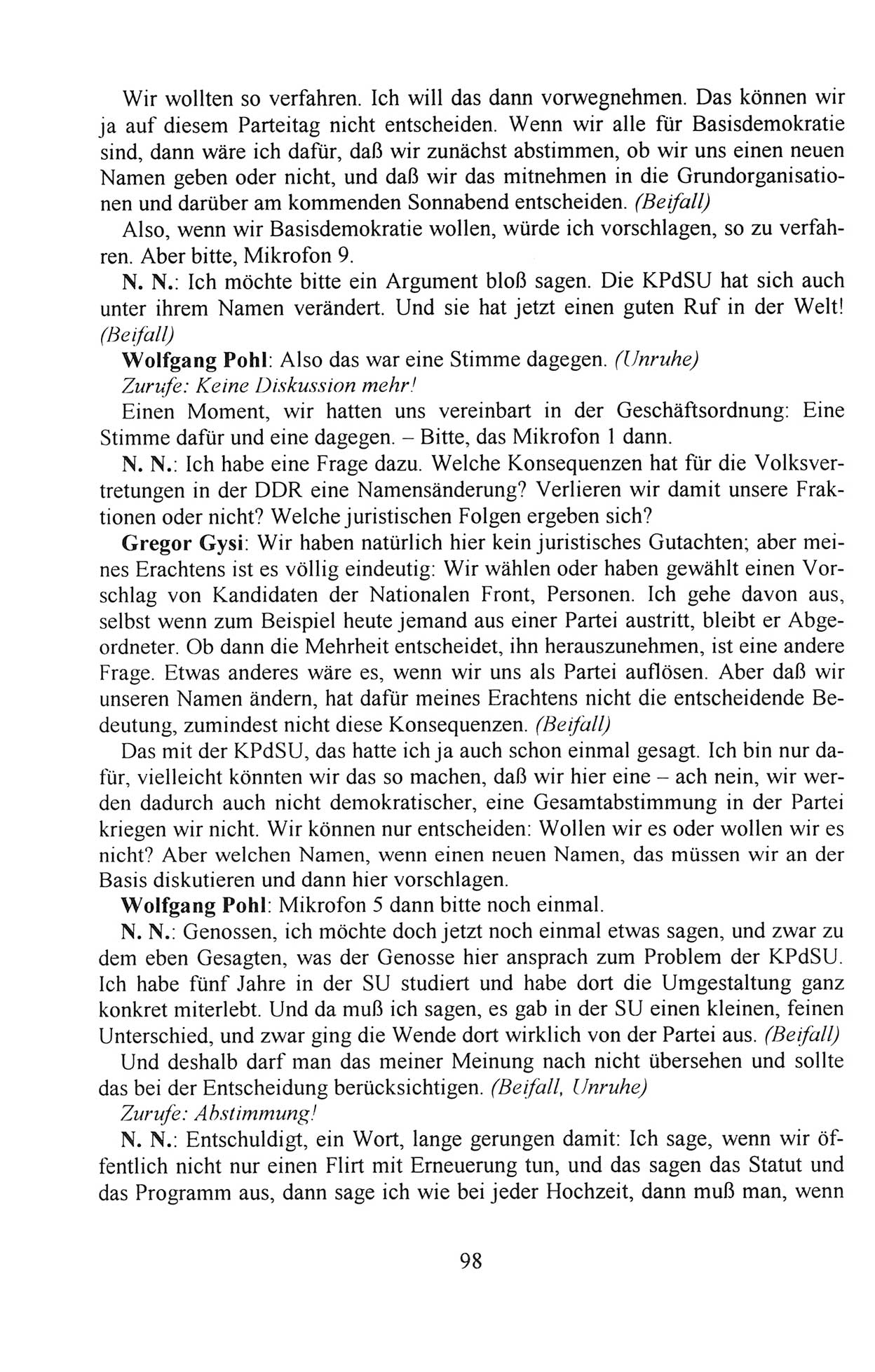 AuÃŸerordentlicher Parteitag der SED/PDS (Sozialistische Einheitspartei Deutschlands/Partei des Demokratischen Sozialismus) [Deutsche Demokratische Republik (DDR)], Protokoll der Beratungen am 8./9. und 16./17.12.1989 in Berlin 1989, Seite 98 (PT. SED/PDS DDR Prot. 1989, S. 98)