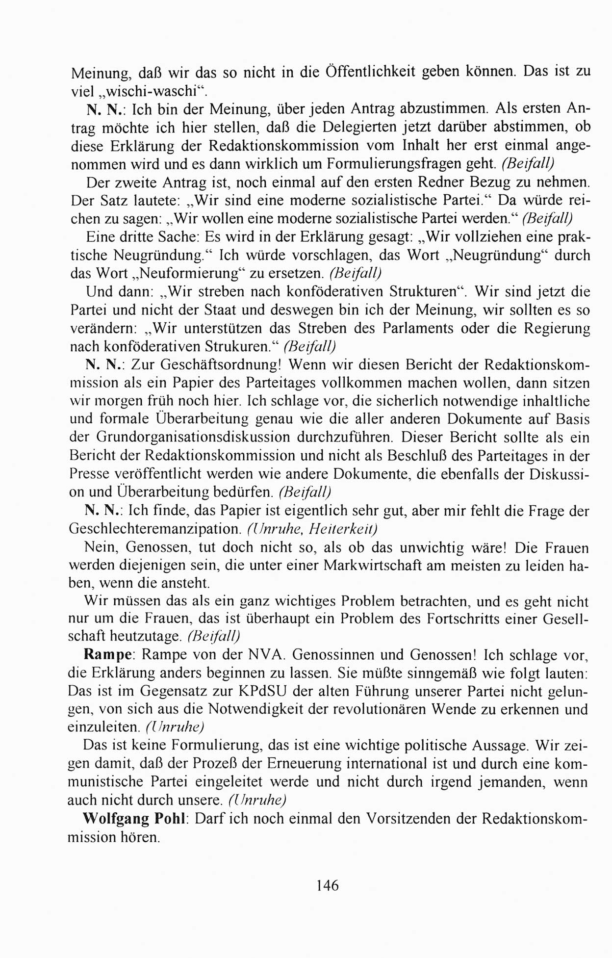 Außerordentlicher Parteitag der SED/PDS (Sozialistische Einheitspartei Deutschlands/Partei des Demokratischen Sozialismus) [Deutsche Demokratische Republik (DDR)], Protokoll der Beratungen am 8./9. und 16./17.12.1989 in Berlin 1989, Seite 146 (PT. SED/PDS DDR Prot. 1989, S. 146)